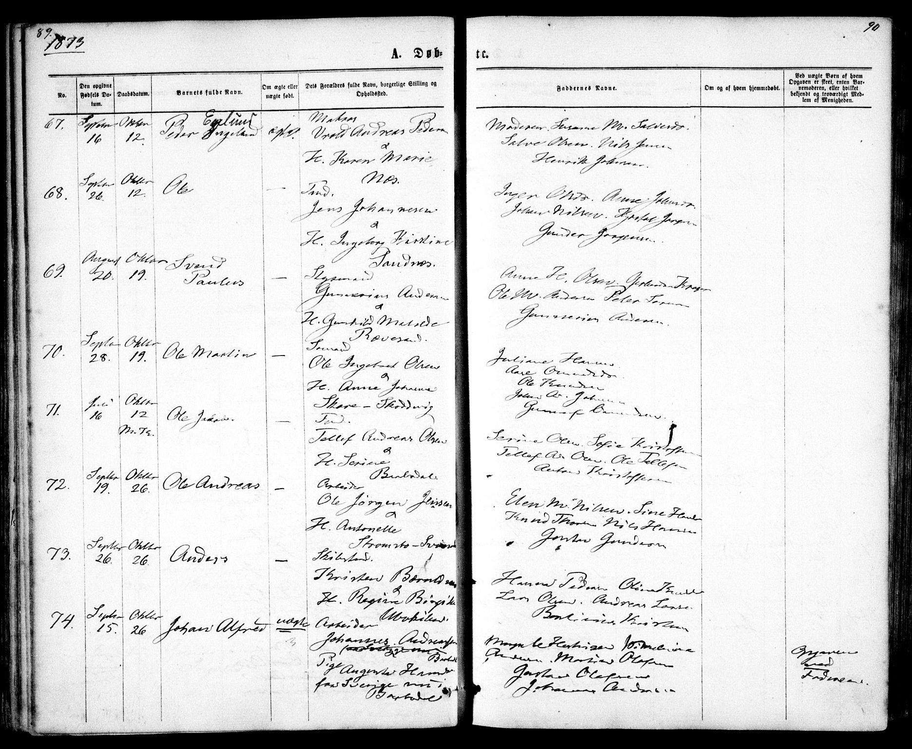 Tromøy sokneprestkontor, AV/SAK-1111-0041/F/Fa/L0008: Parish register (official) no. A 8, 1870-1877, p. 89-90