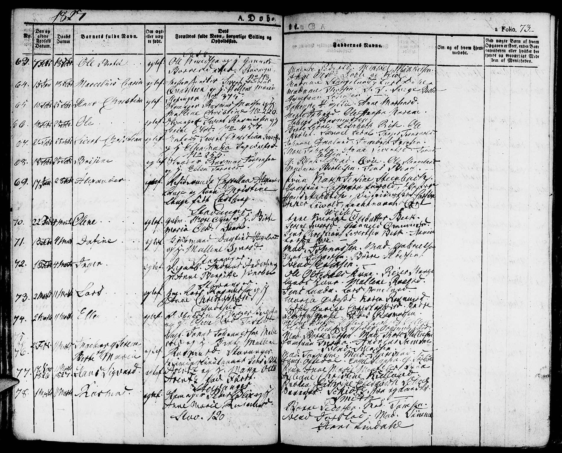 Domkirken sokneprestkontor, AV/SAST-A-101812/001/30/30BA/L0009: Parish register (official) no. A 9, 1821-1832, p. 73