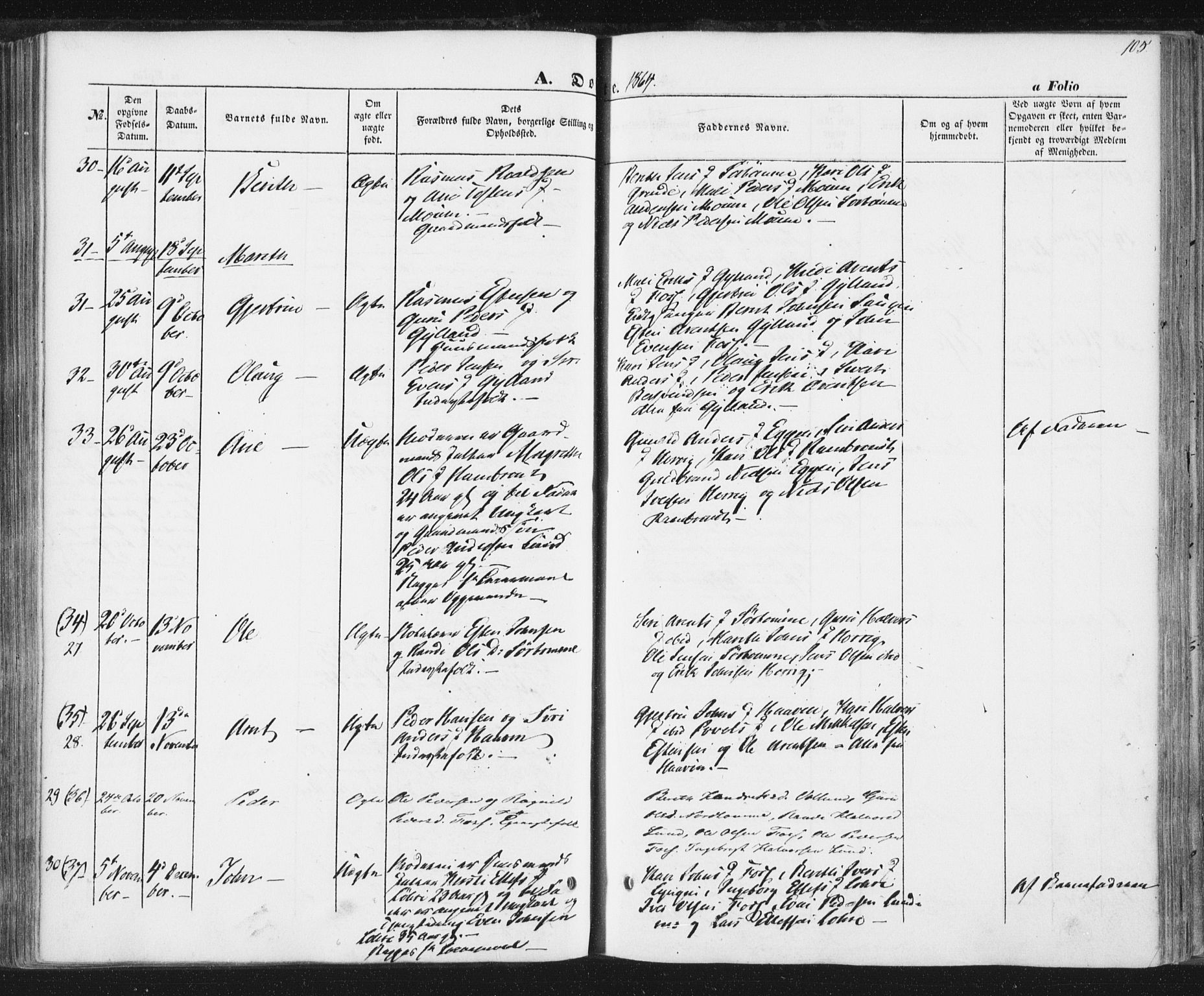 Ministerialprotokoller, klokkerbøker og fødselsregistre - Sør-Trøndelag, SAT/A-1456/692/L1103: Parish register (official) no. 692A03, 1849-1870, p. 105