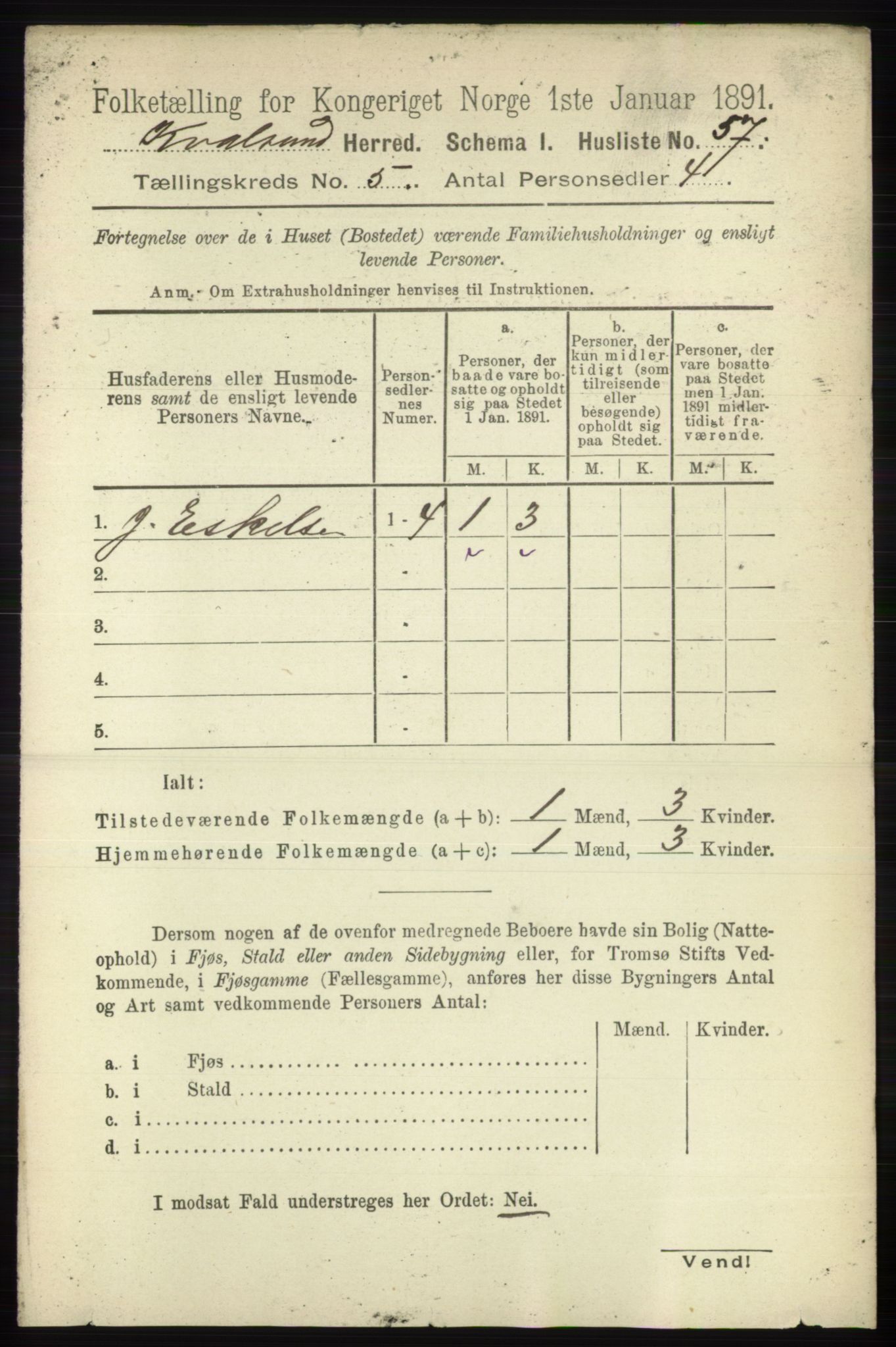 RA, 1891 census for 2017 Kvalsund, 1891, p. 509