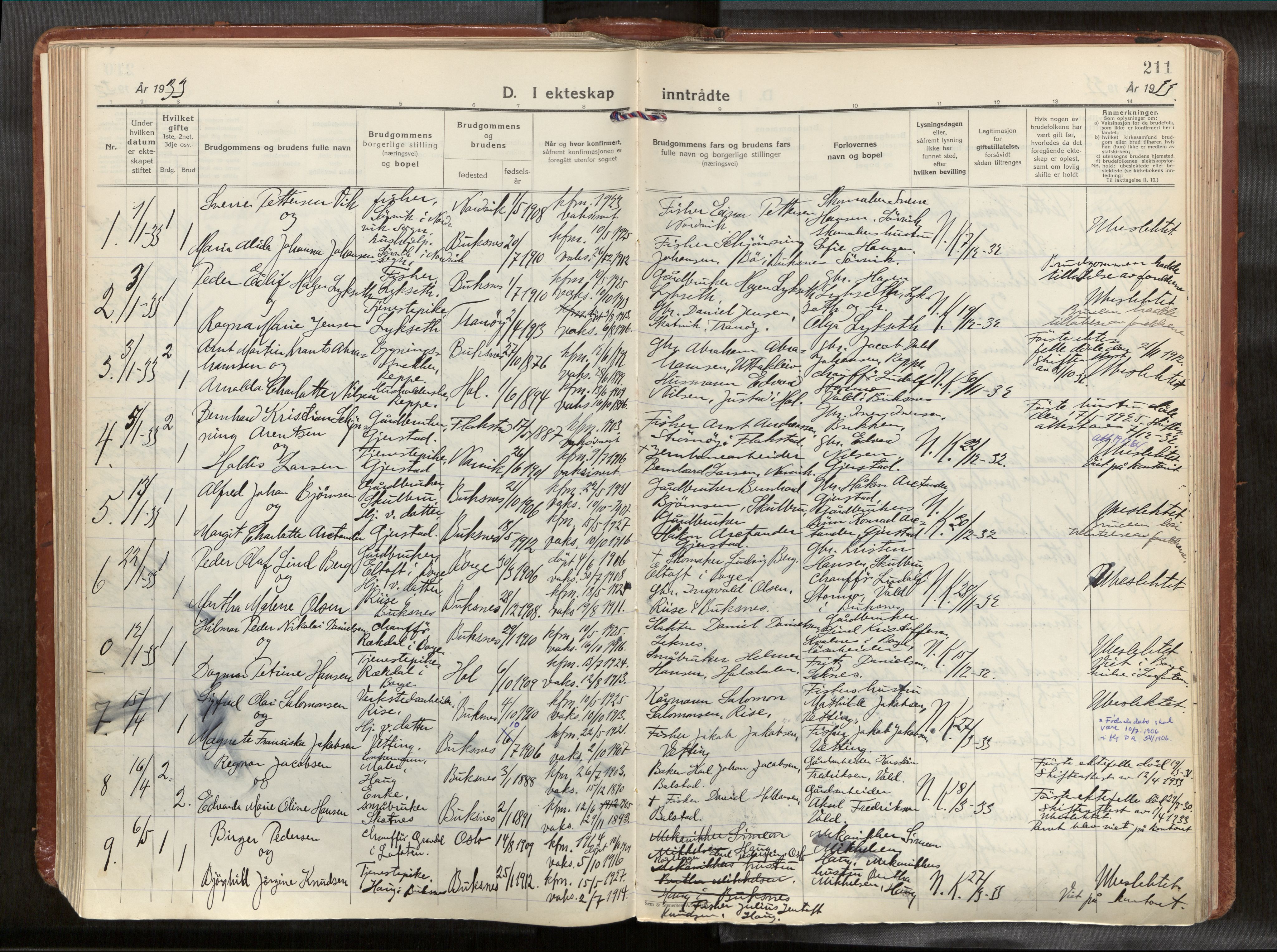 Ministerialprotokoller, klokkerbøker og fødselsregistre - Nordland, AV/SAT-A-1459/881/L1161: Parish register (official) no. 881A14, 1932-1955, p. 211