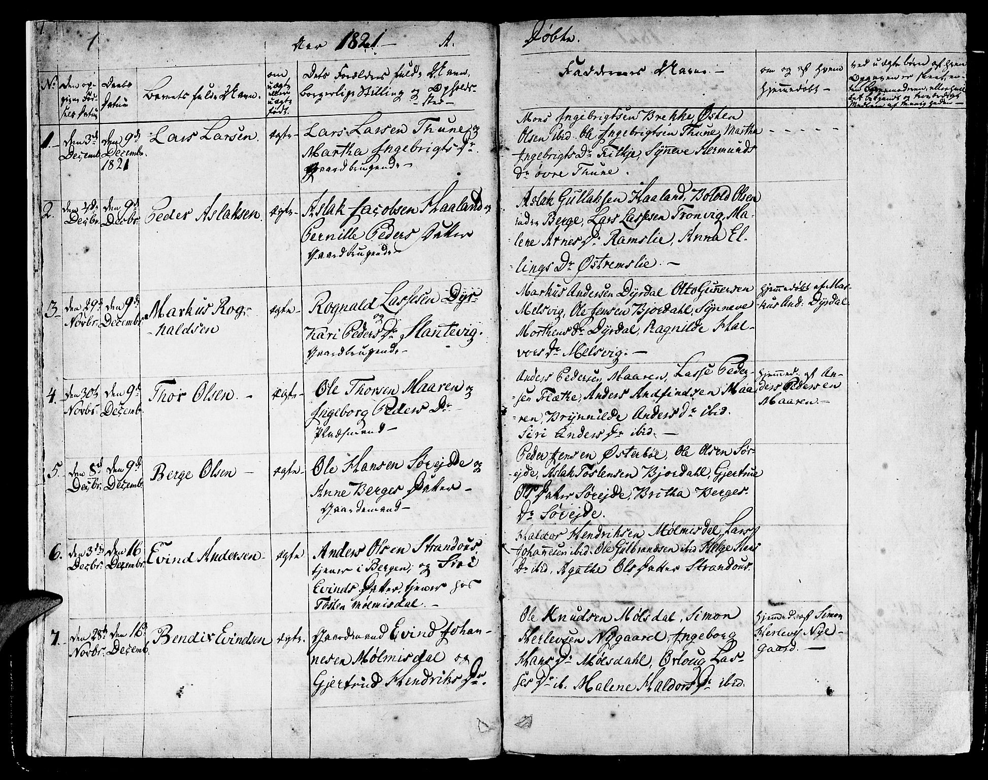 Lavik sokneprestembete, SAB/A-80901: Parish register (official) no. A 2I, 1821-1842, p. 1