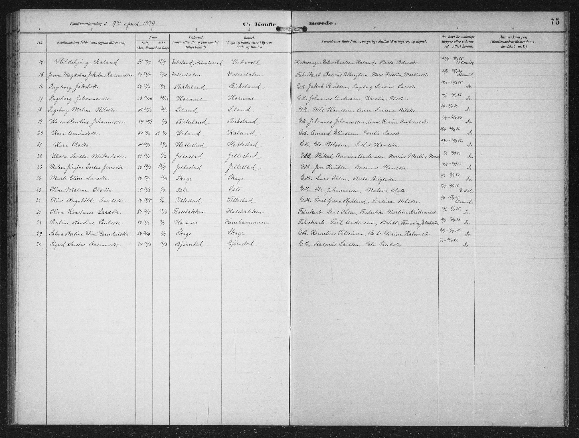 Fana Sokneprestembete, AV/SAB-A-75101/H/Hab/Haba/L0003: Parish register (copy) no. A 3, 1895-1902, p. 75