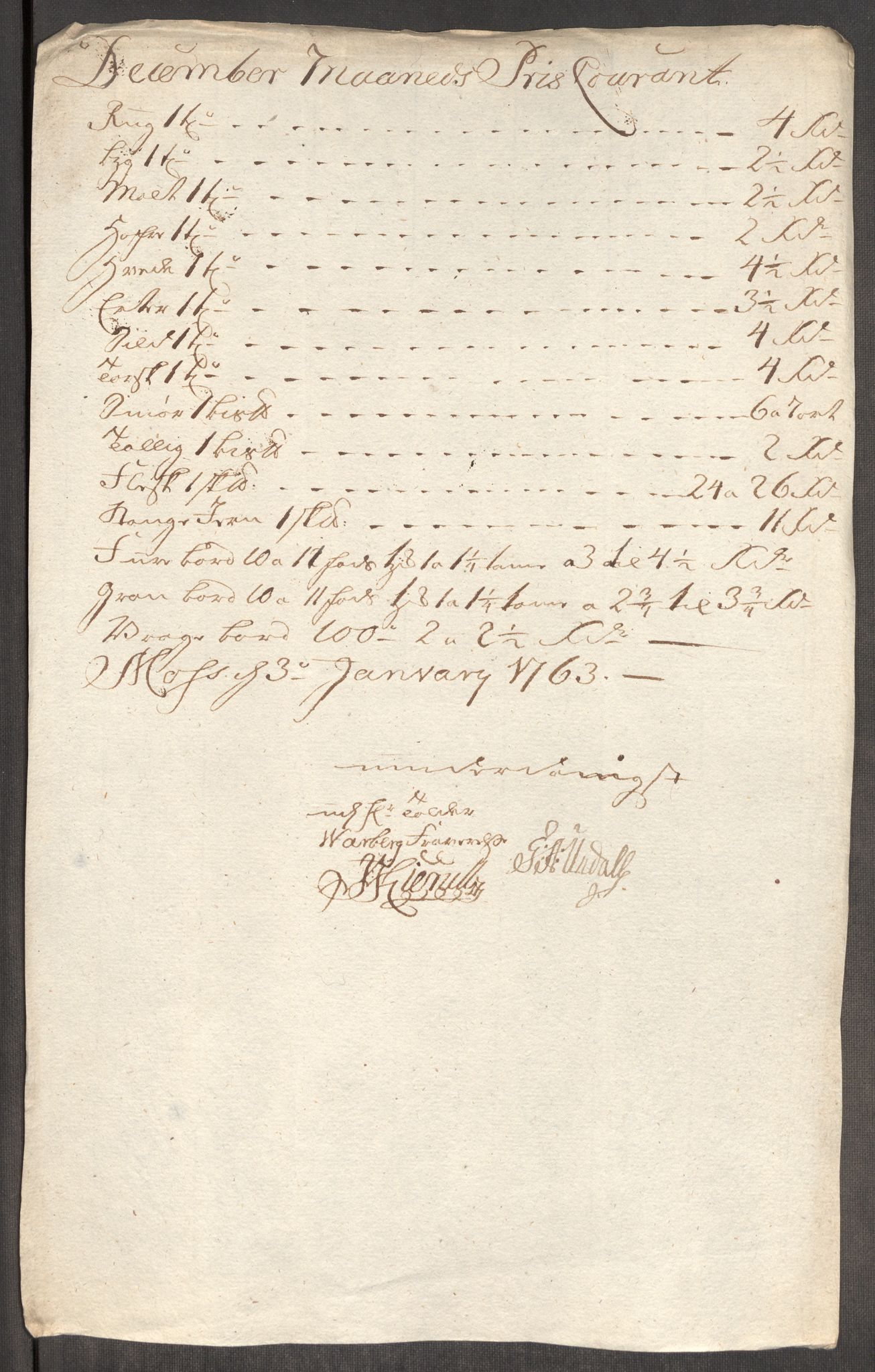 Rentekammeret inntil 1814, Realistisk ordnet avdeling, AV/RA-EA-4070/Oe/L0007: [Ø1]: Priskuranter, 1761-1763, p. 354