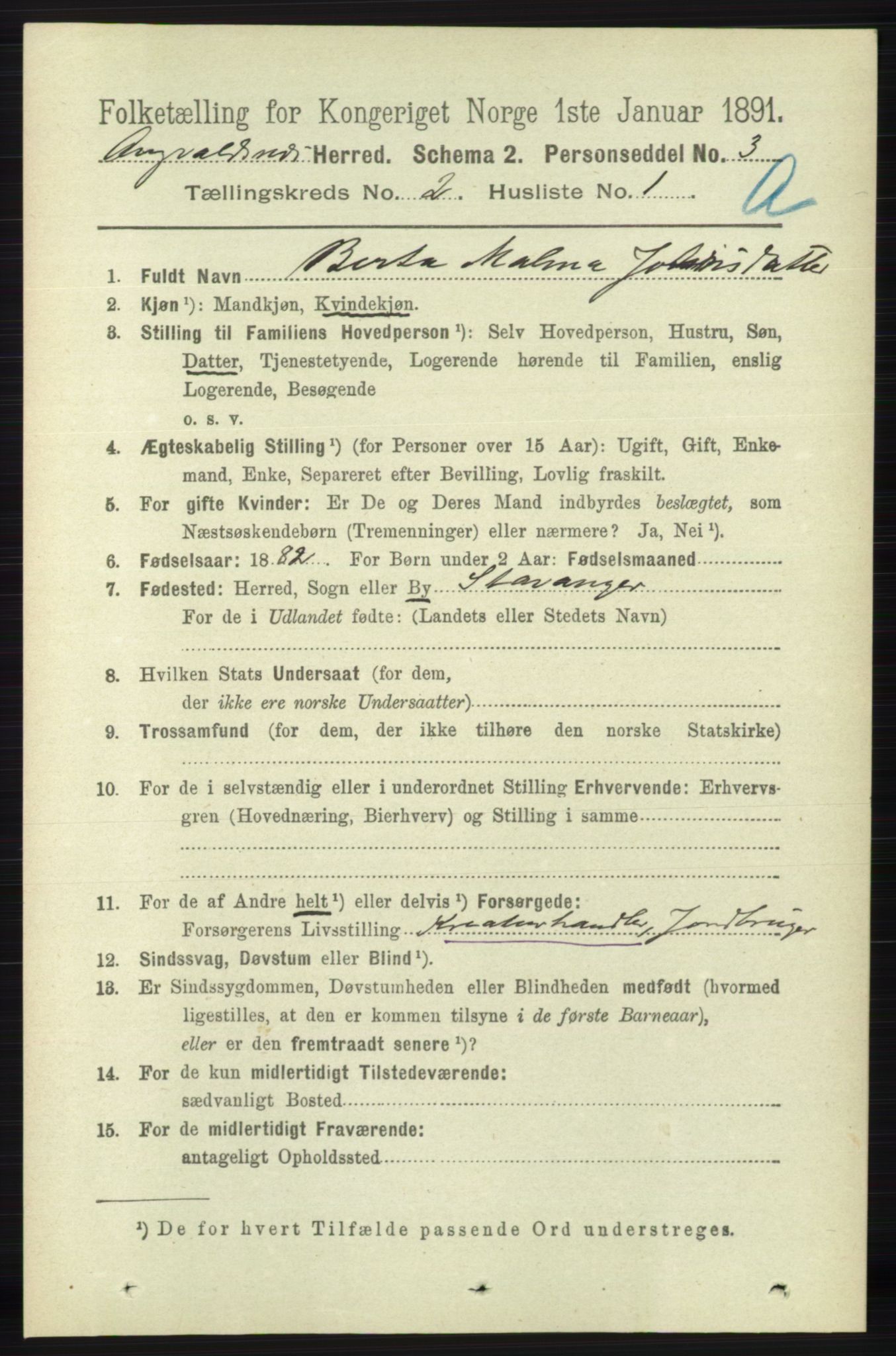 RA, 1891 census for 1147 Avaldsnes, 1891, p. 834