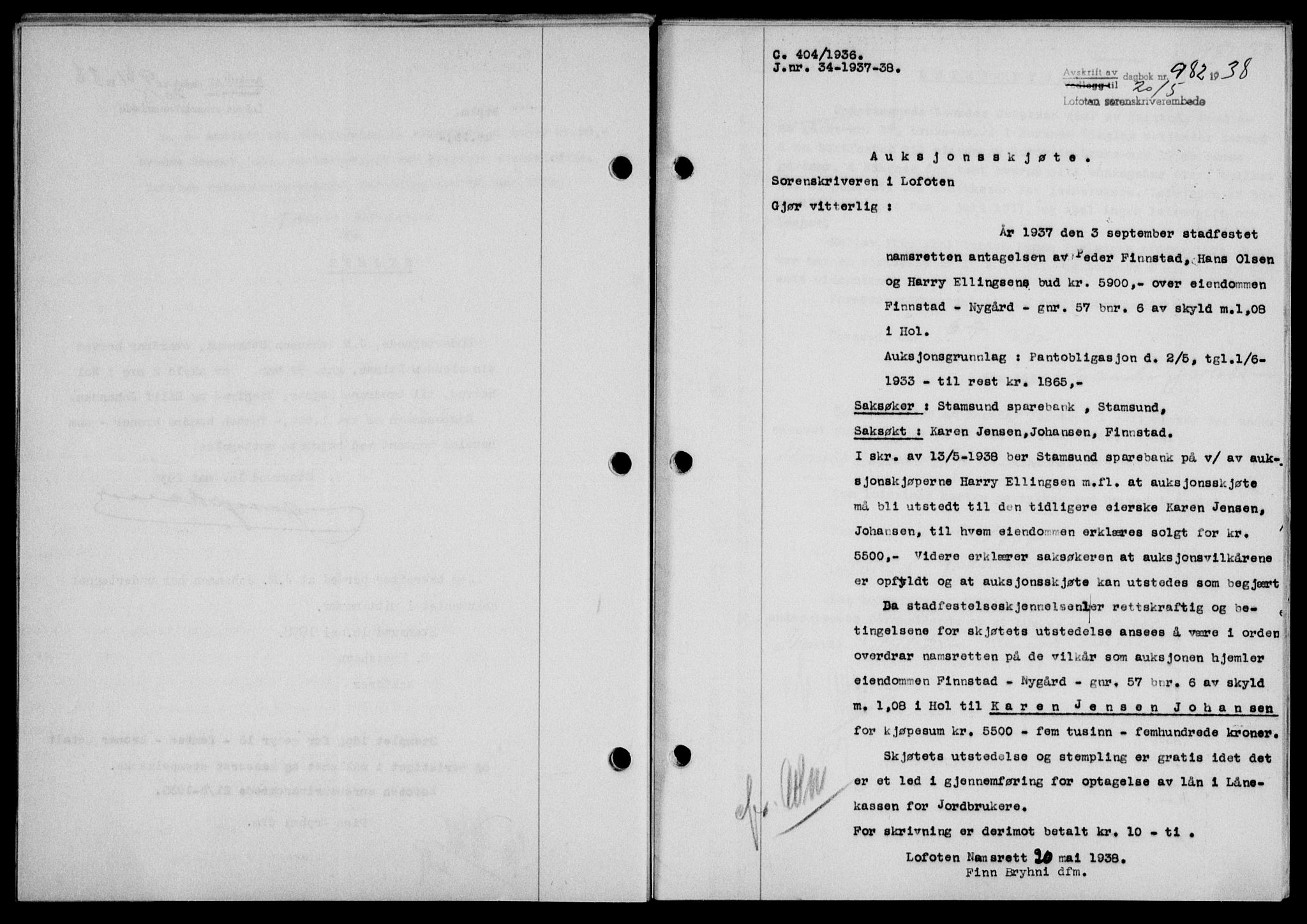 Lofoten sorenskriveri, SAT/A-0017/1/2/2C/L0004a: Mortgage book no. 4a, 1938-1938, Diary no: : 982/1938