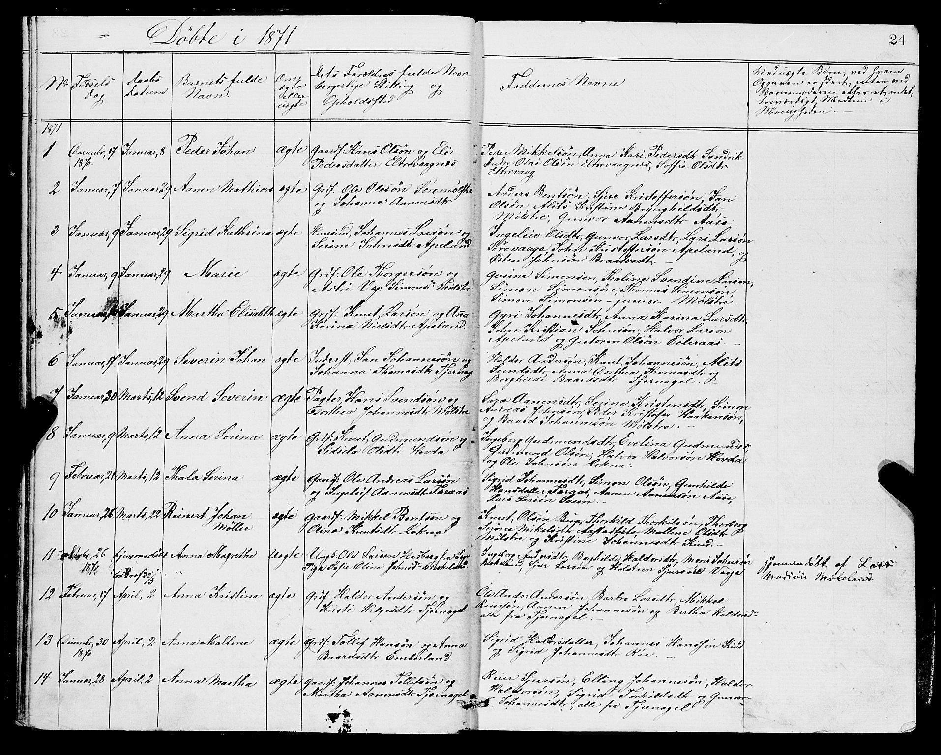 Sveio Sokneprestembete, SAB/A-78501/H/Hab: Parish register (copy) no. A 2, 1866-1877, p. 24