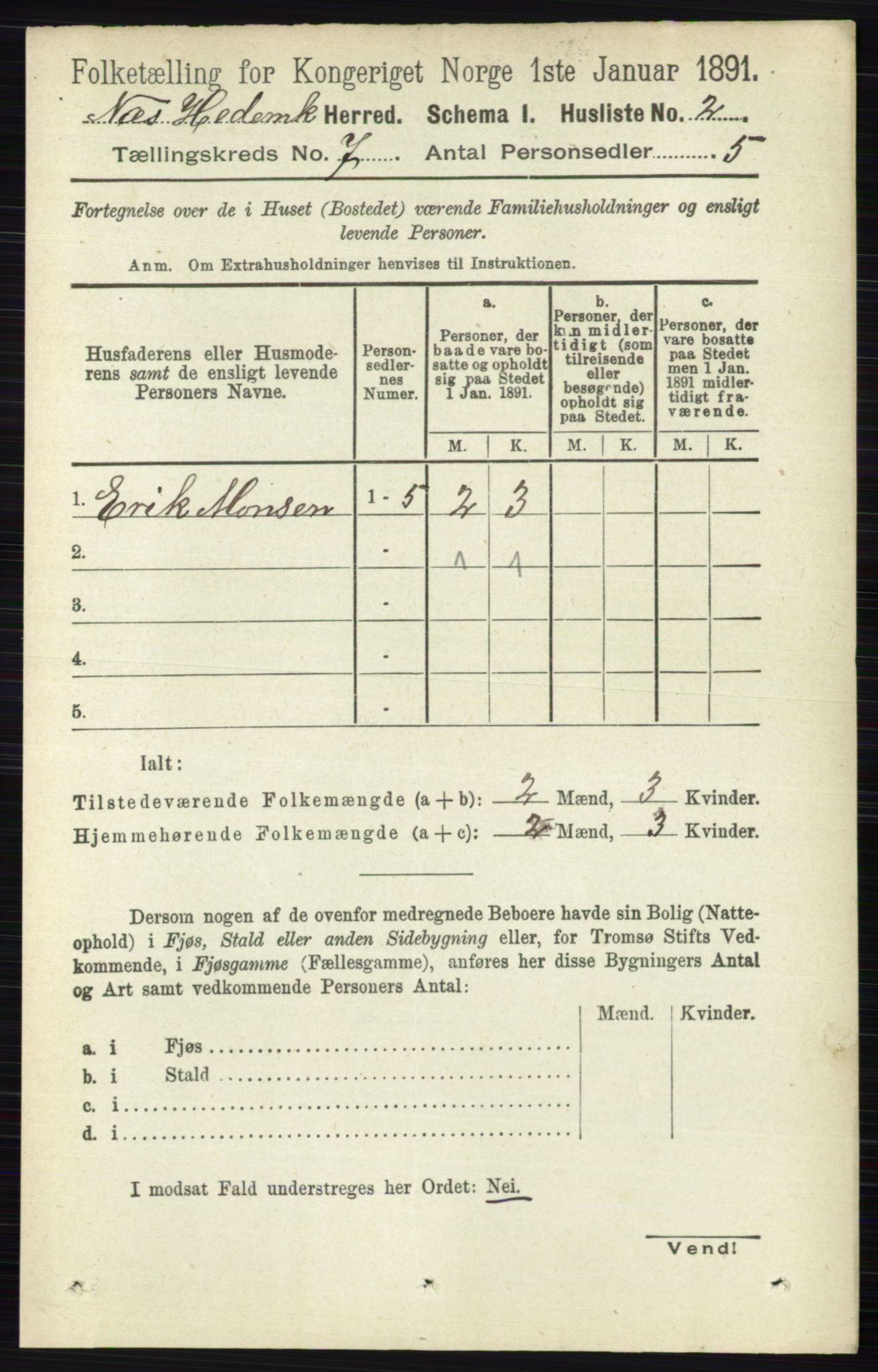 RA, 1891 census for 0411 Nes, 1891, p. 3830