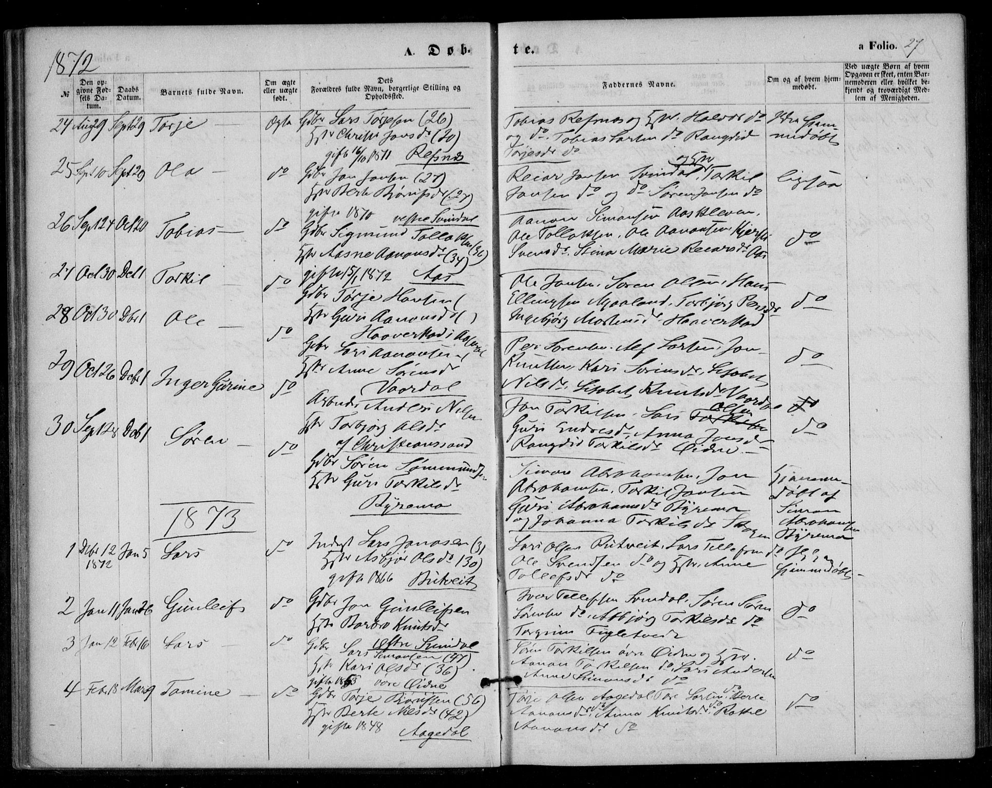Bjelland sokneprestkontor, SAK/1111-0005/F/Fa/Fac/L0002: Parish register (official) no. A 2, 1866-1887, p. 27