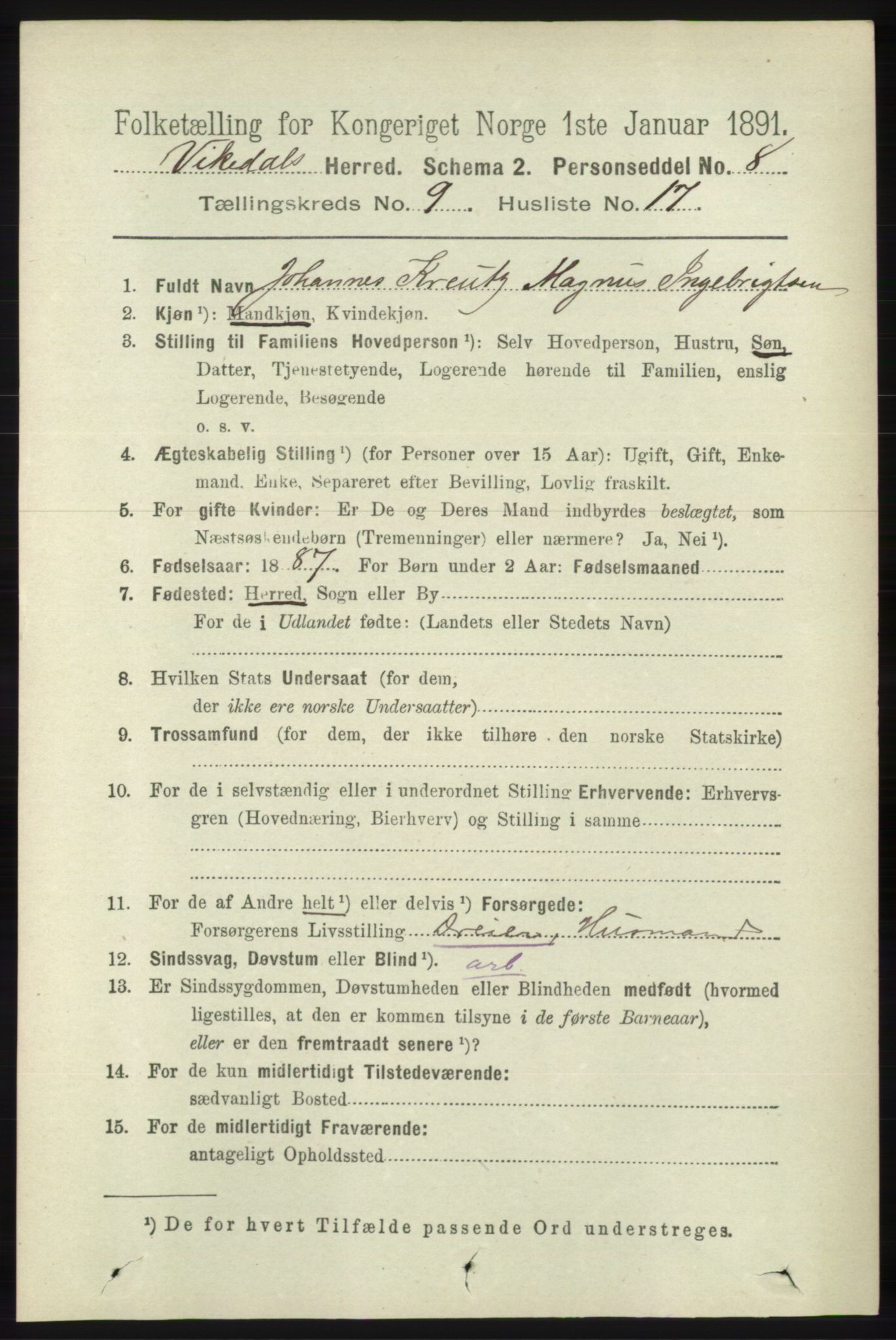 RA, 1891 census for 1157 Vikedal, 1891, p. 2446