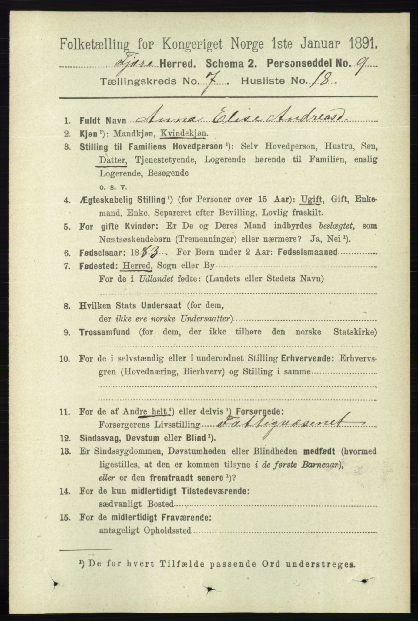 RA, 1891 census for 0923 Fjære, 1891, p. 3326