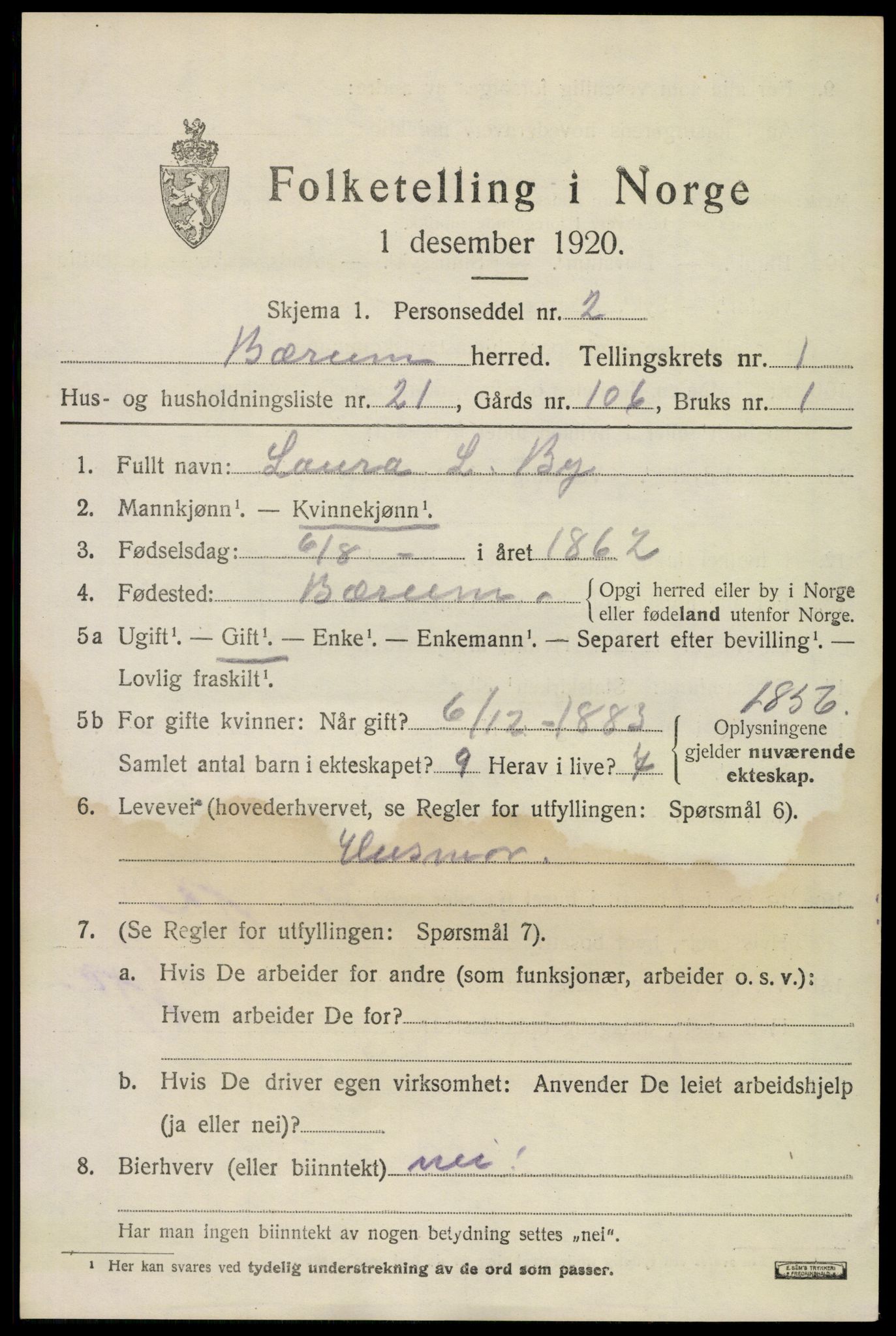 SAO, 1920 census for Bærum, 1920, p. 5390