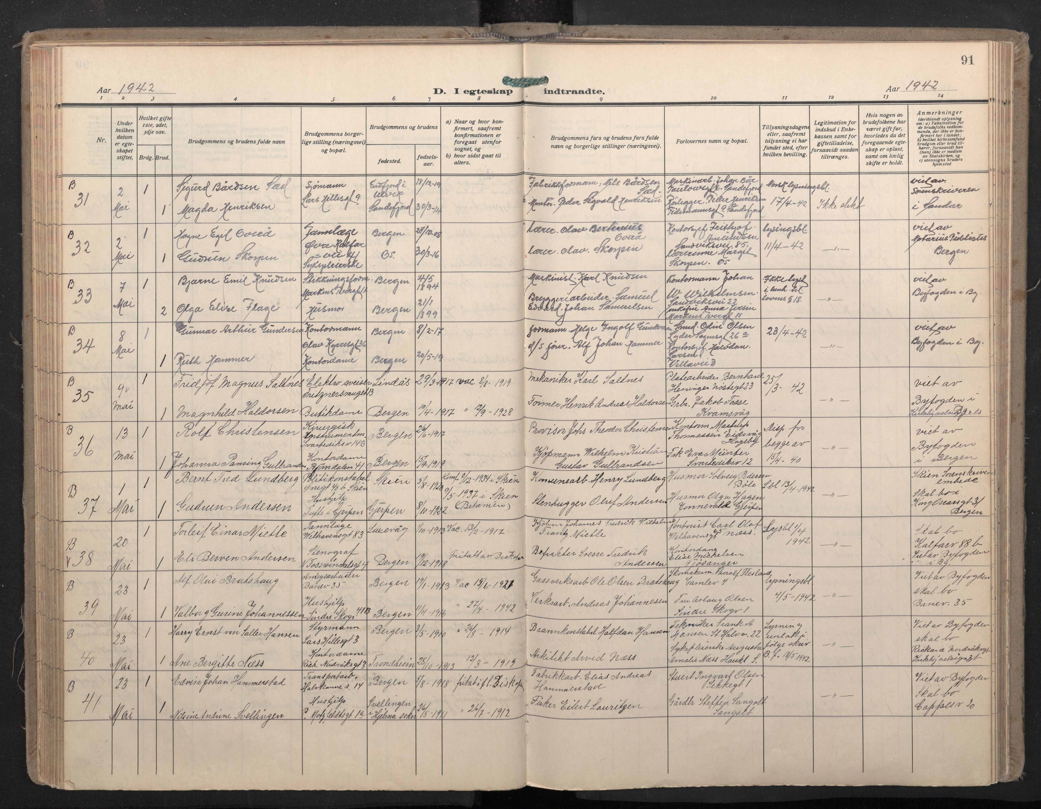 Domkirken sokneprestembete, SAB/A-74801/H/Haa: Parish register (official) no. D 7, 1937-1950, p. 90b-91a