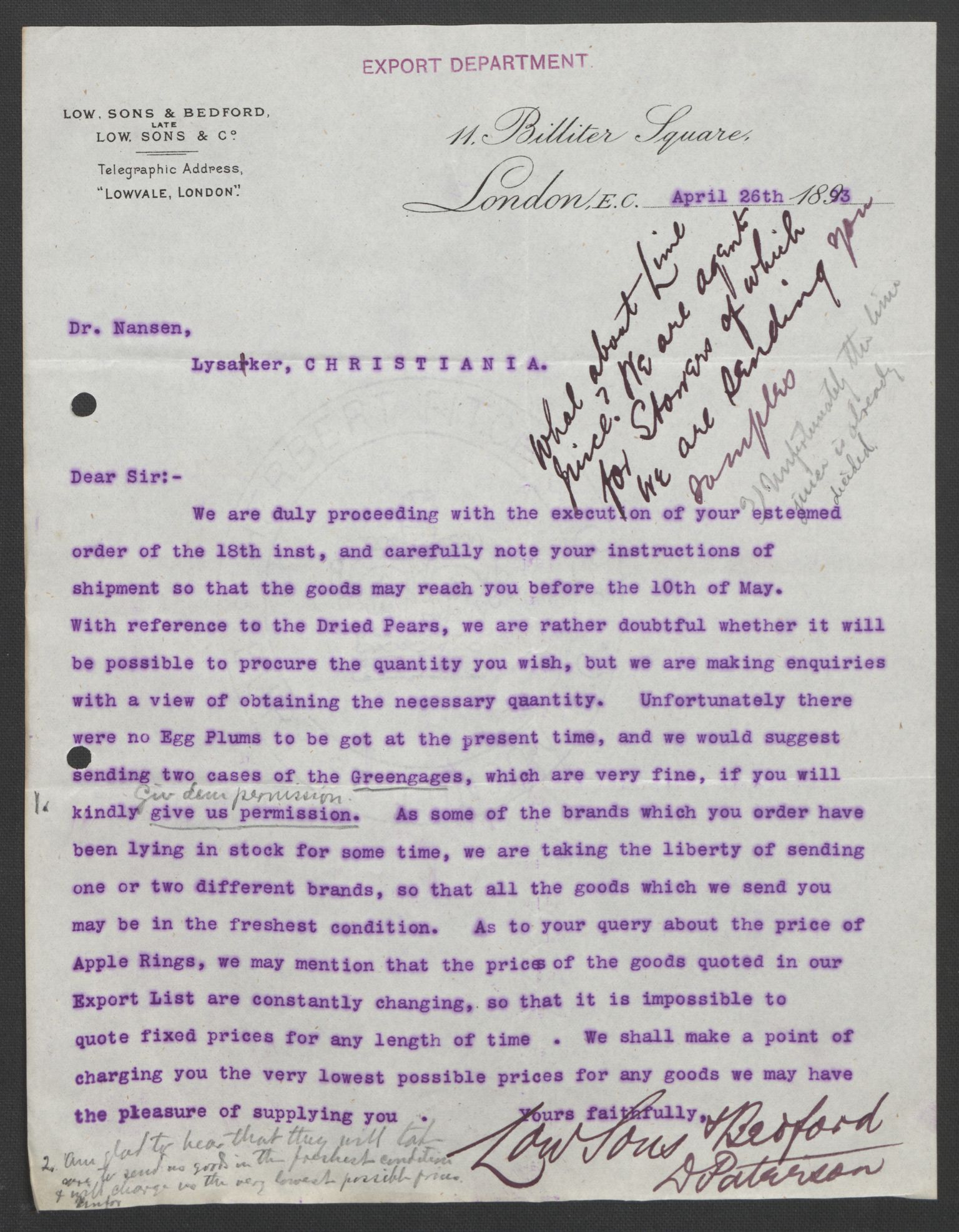 Arbeidskomitéen for Fridtjof Nansens polarekspedisjon, AV/RA-PA-0061/D/L0004: Innk. brev og telegrammer vedr. proviant og utrustning, 1892-1893, p. 744