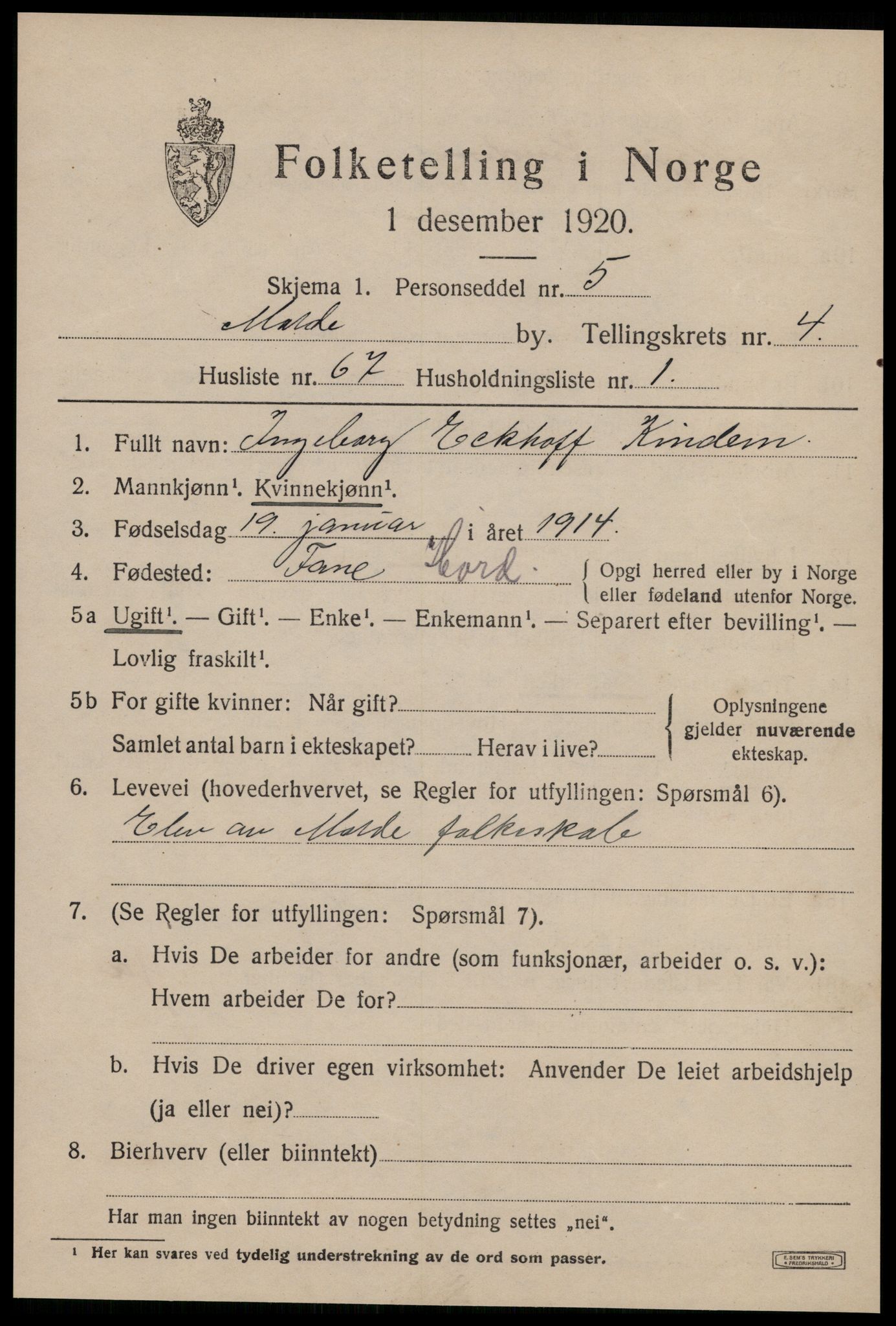 SAT, 1920 census for Molde, 1920, p. 6267