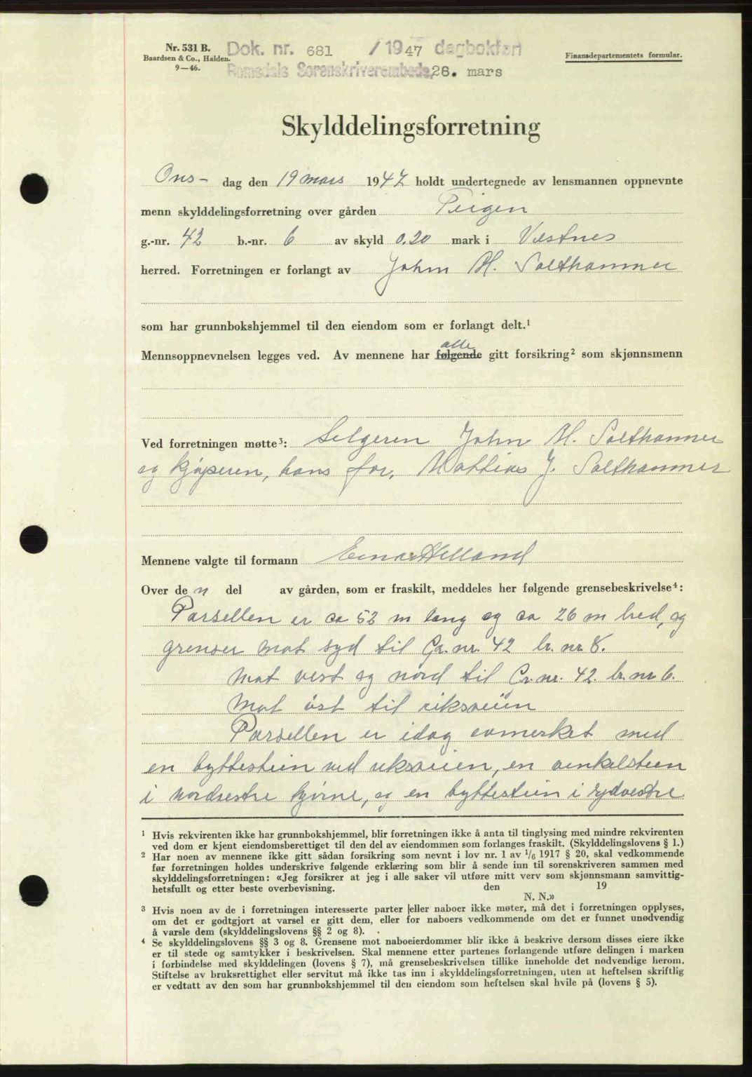 Romsdal sorenskriveri, AV/SAT-A-4149/1/2/2C: Mortgage book no. A22, 1947-1947, Diary no: : 681/1947