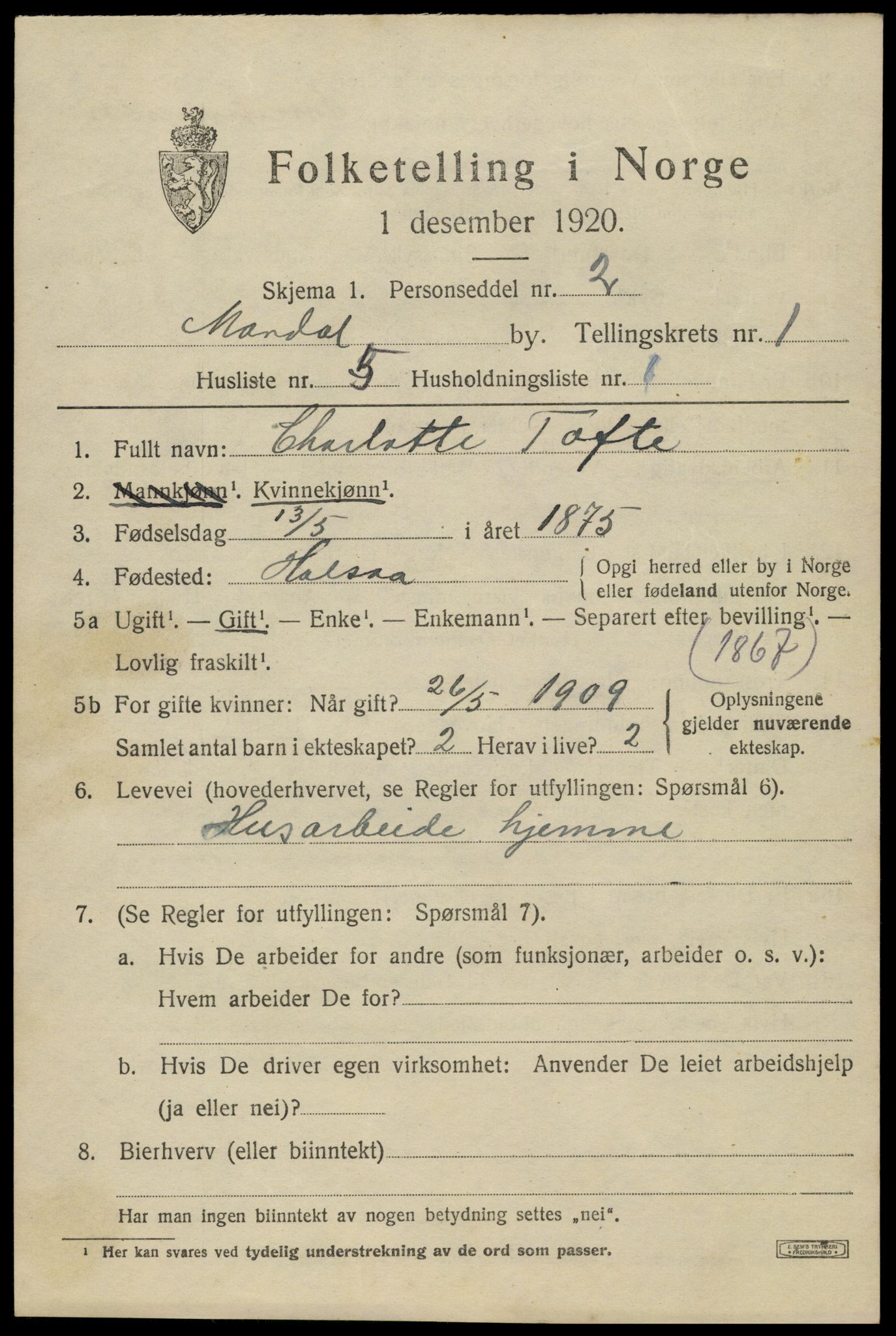 SAK, 1920 census for Mandal, 1920, p. 3291