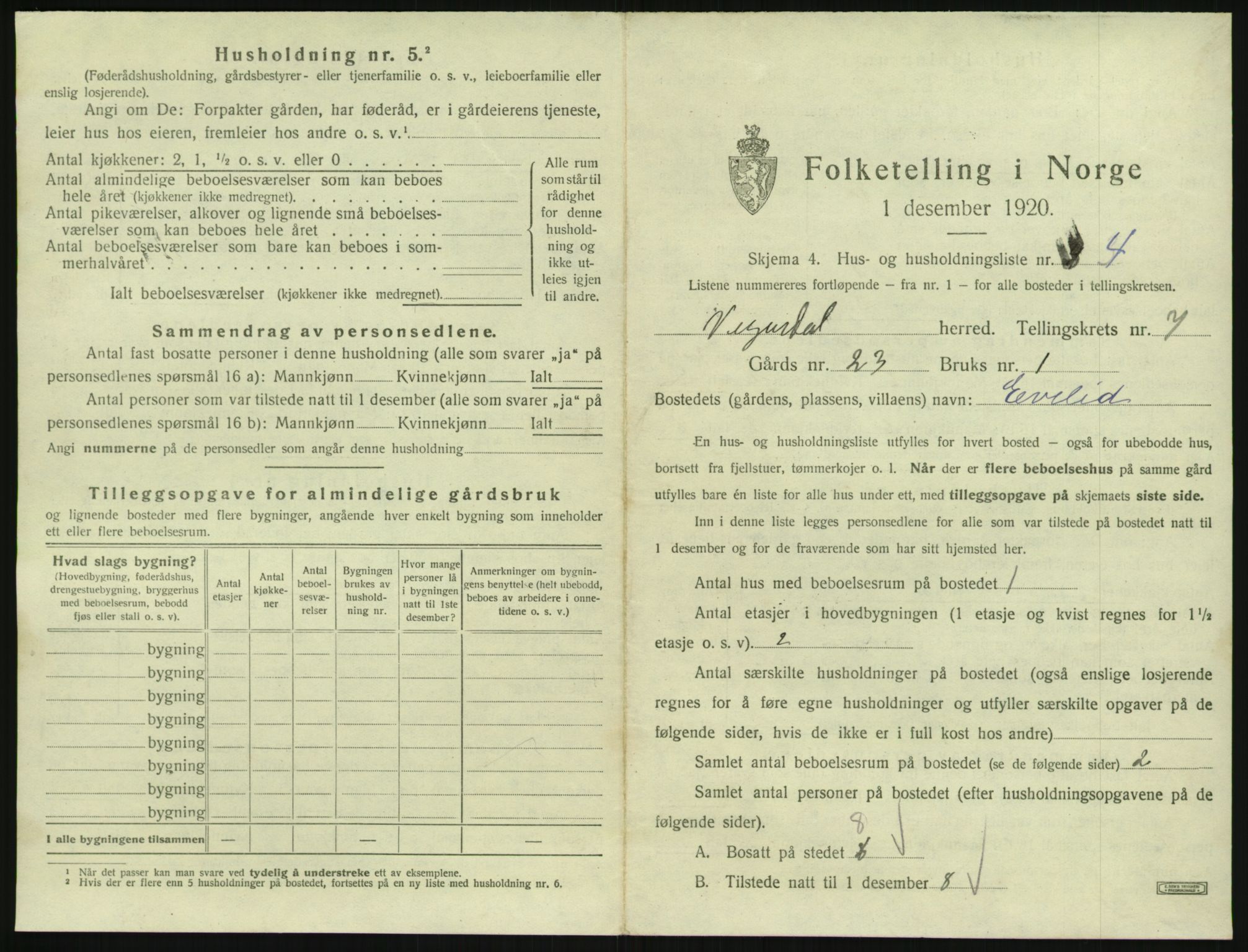 SAK, 1920 census for Vegusdal, 1920, p. 279