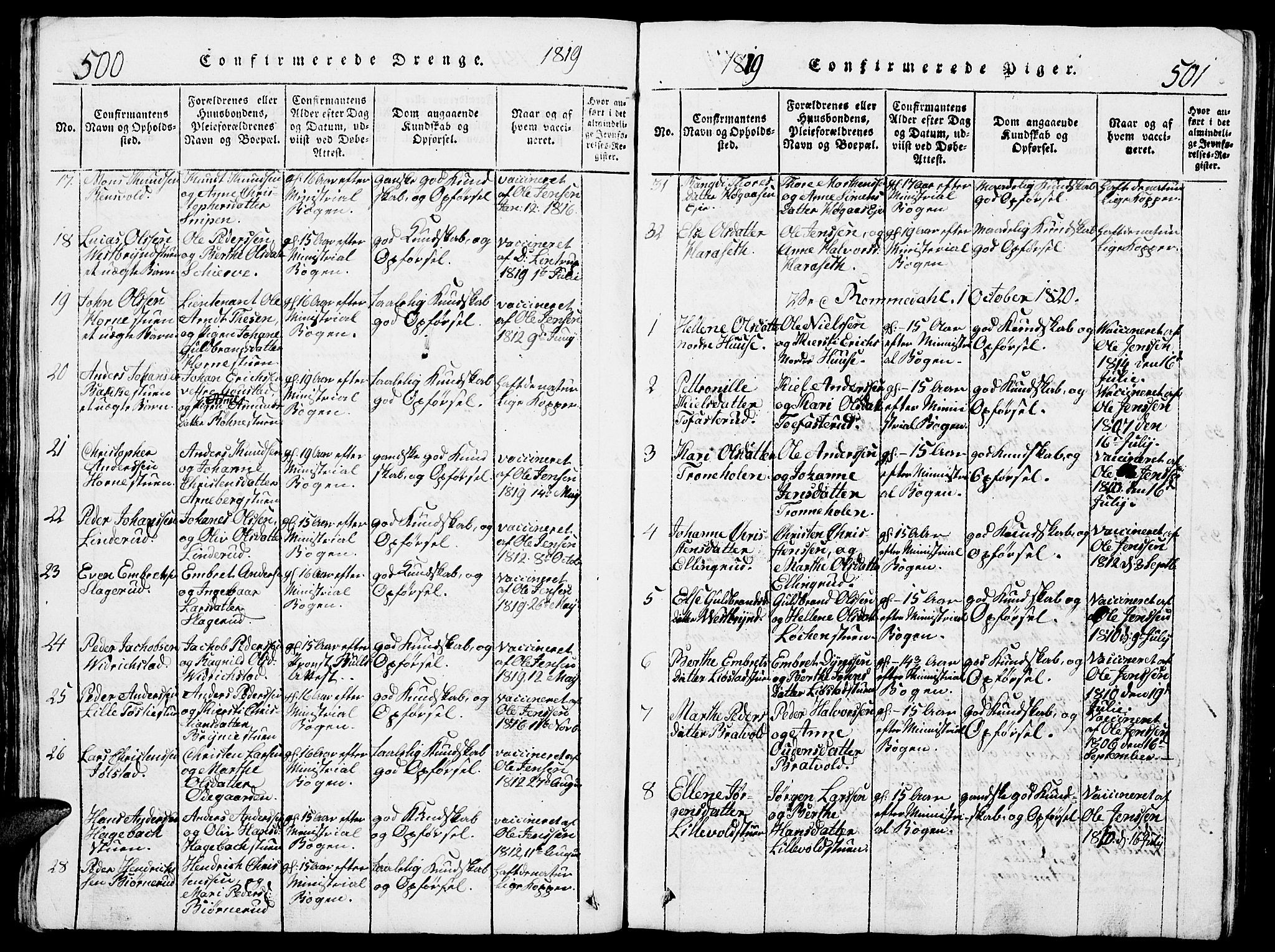 Romedal prestekontor, SAH/PREST-004/L/L0005: Parish register (copy) no. 5, 1814-1829, p. 500-501