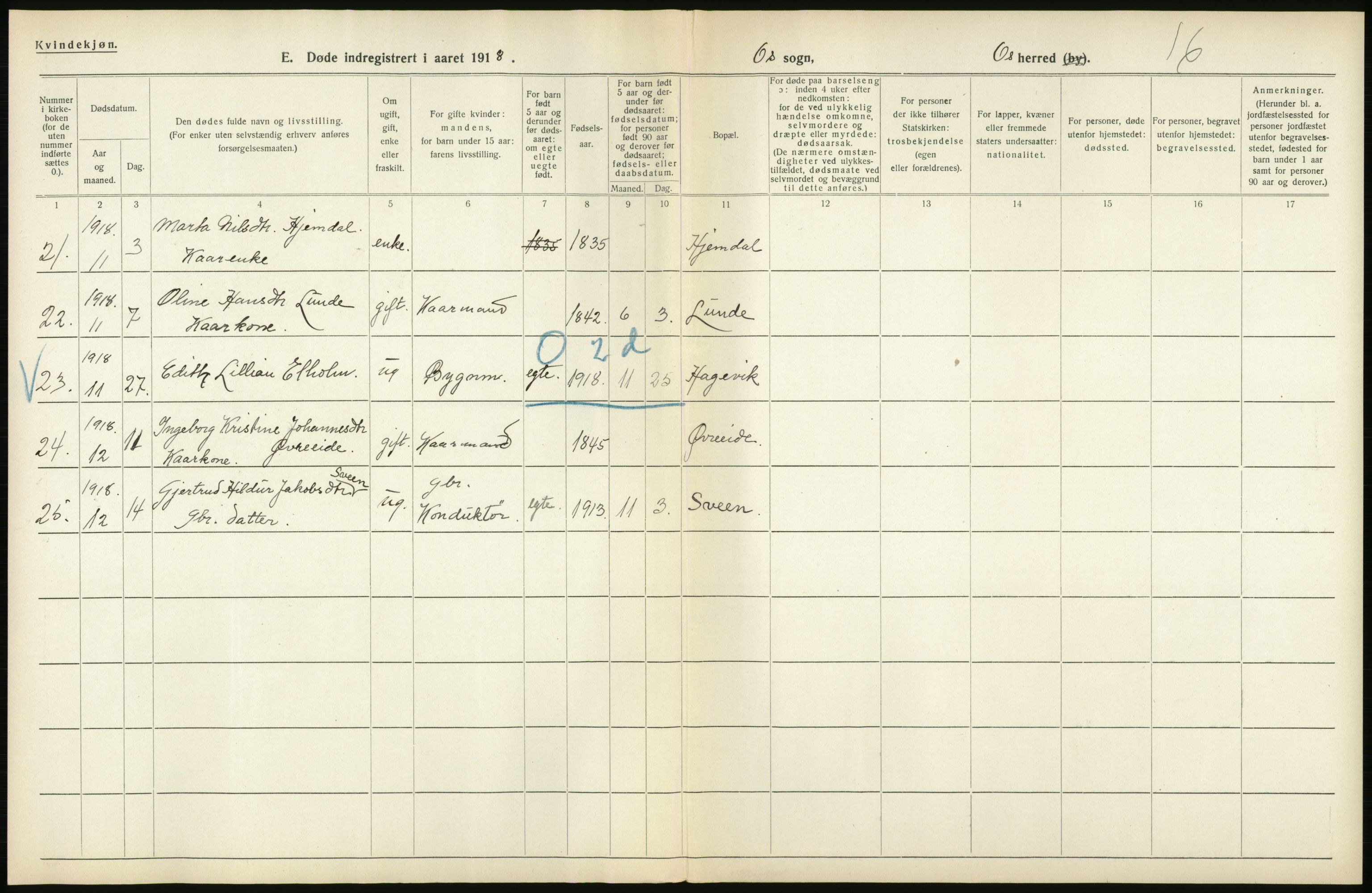 Statistisk sentralbyrå, Sosiodemografiske emner, Befolkning, RA/S-2228/D/Df/Dfb/Dfbh/L0036: Hordaland fylke: Døde., 1918, p. 454