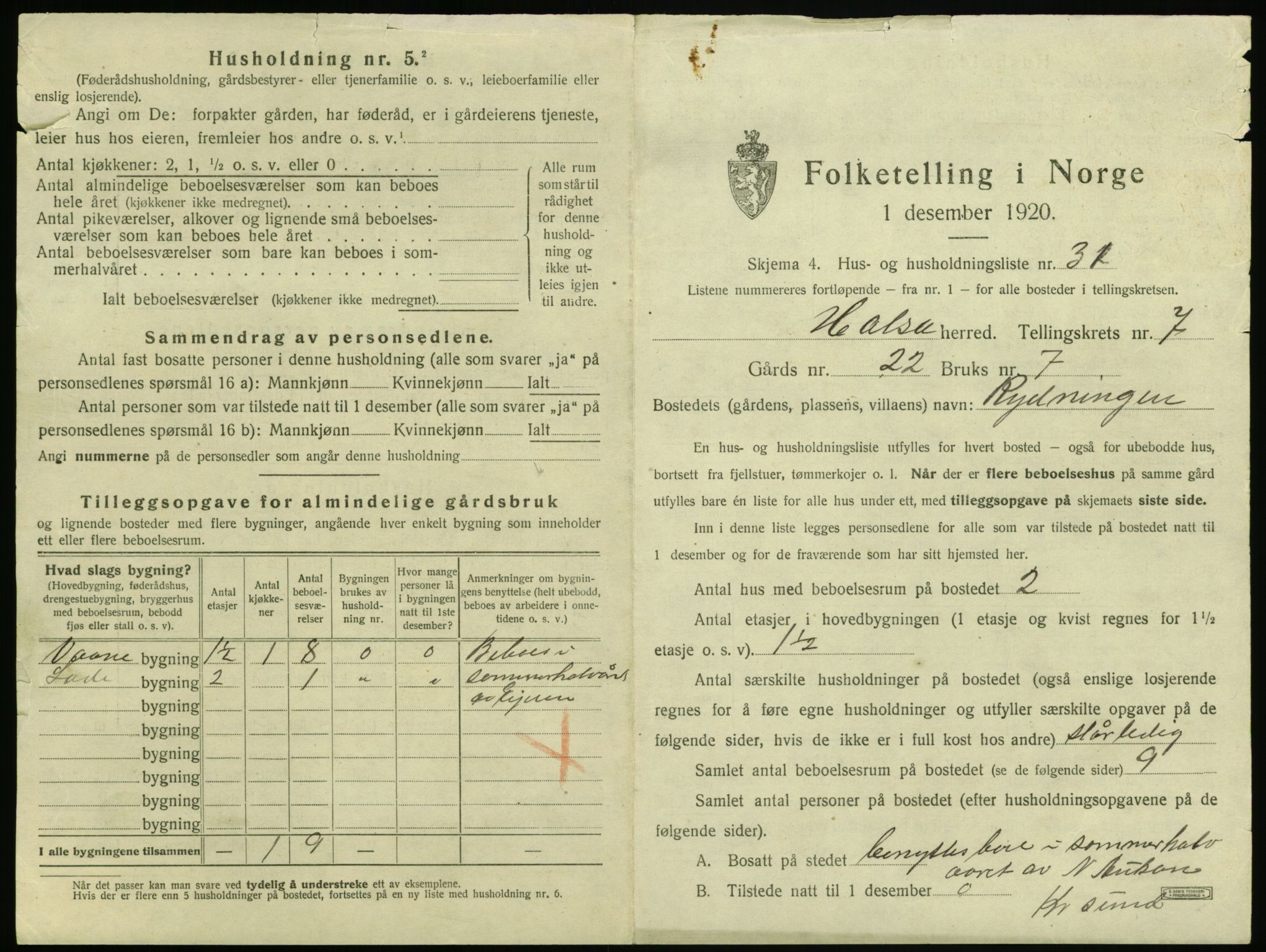 SAT, 1920 census for Halsa, 1920, p. 440