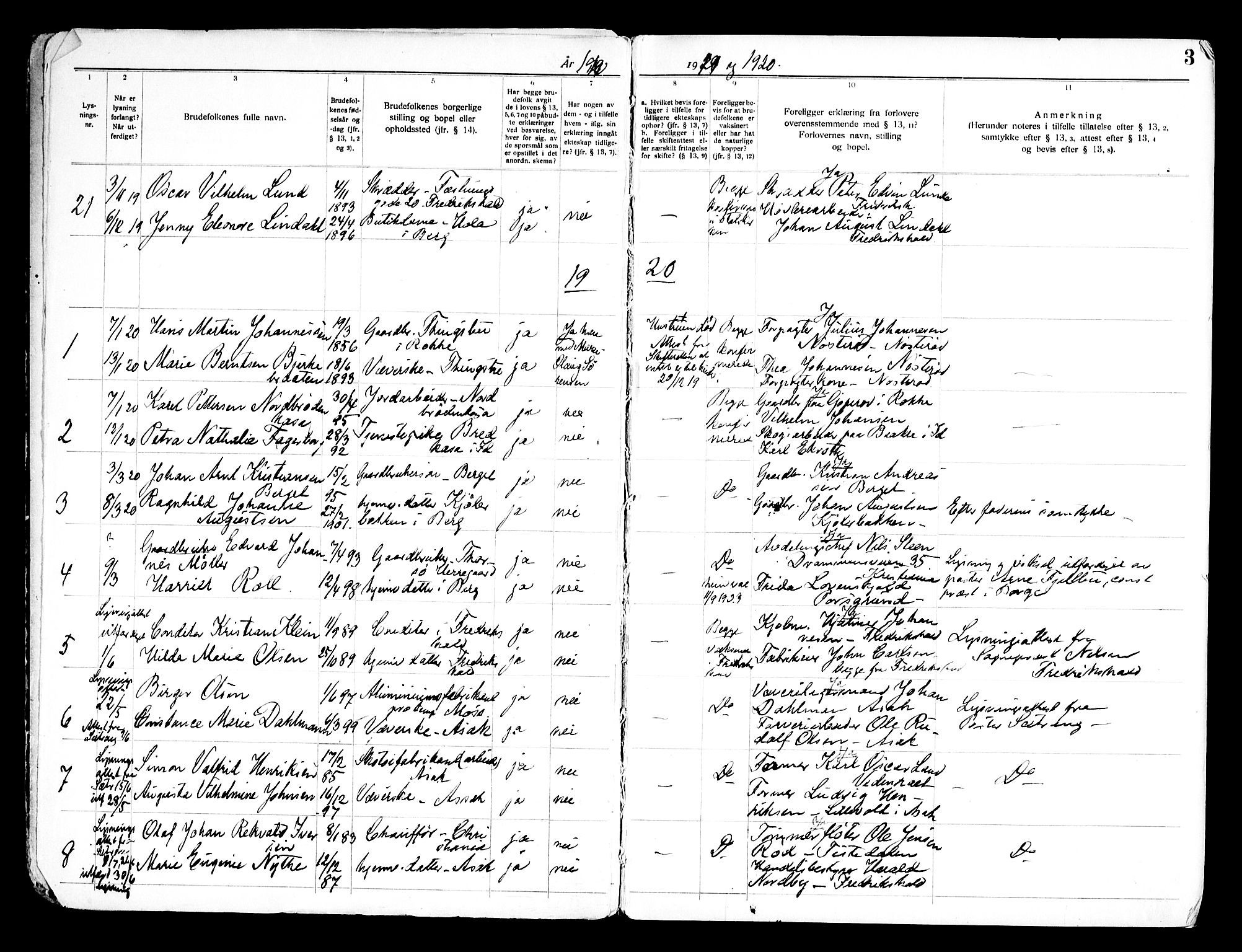 Berg prestekontor Kirkebøker, SAO/A-10902/H/Ha/L0002: Banns register no. I 2, 1919-1966, p. 3