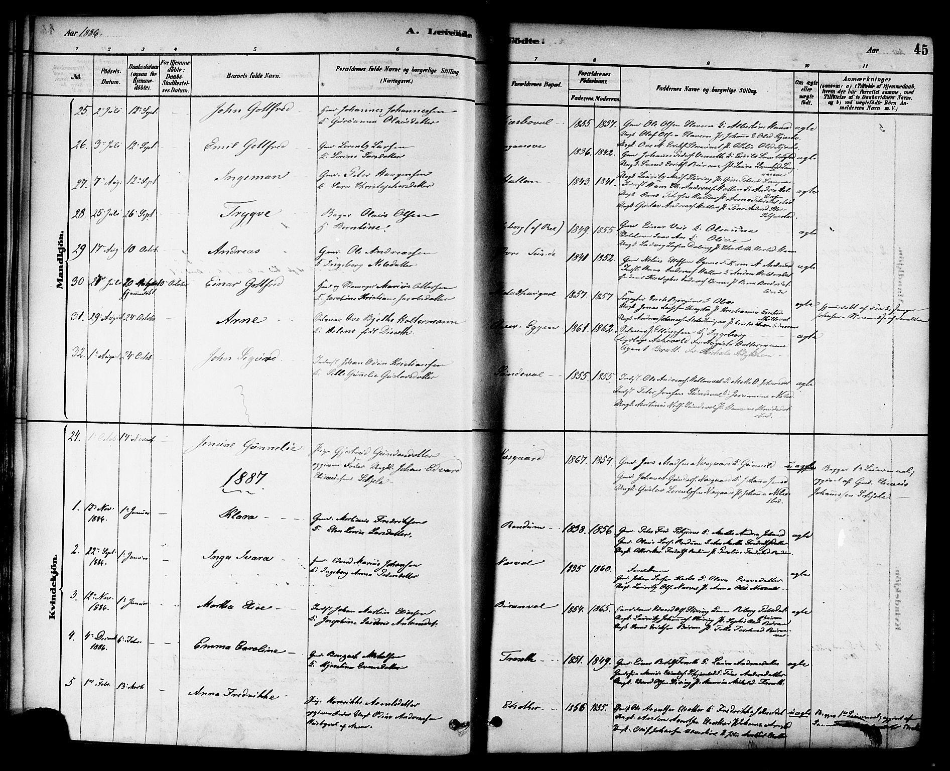 Ministerialprotokoller, klokkerbøker og fødselsregistre - Nord-Trøndelag, AV/SAT-A-1458/717/L0159: Parish register (official) no. 717A09, 1878-1898, p. 45