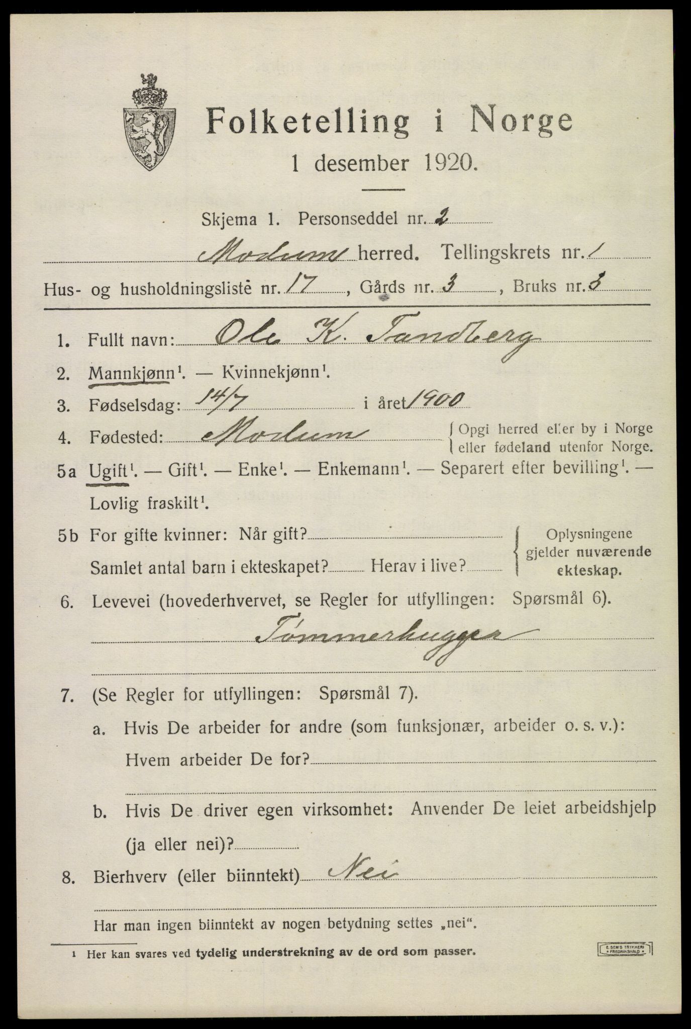 SAKO, 1920 census for Modum, 1920, p. 4265