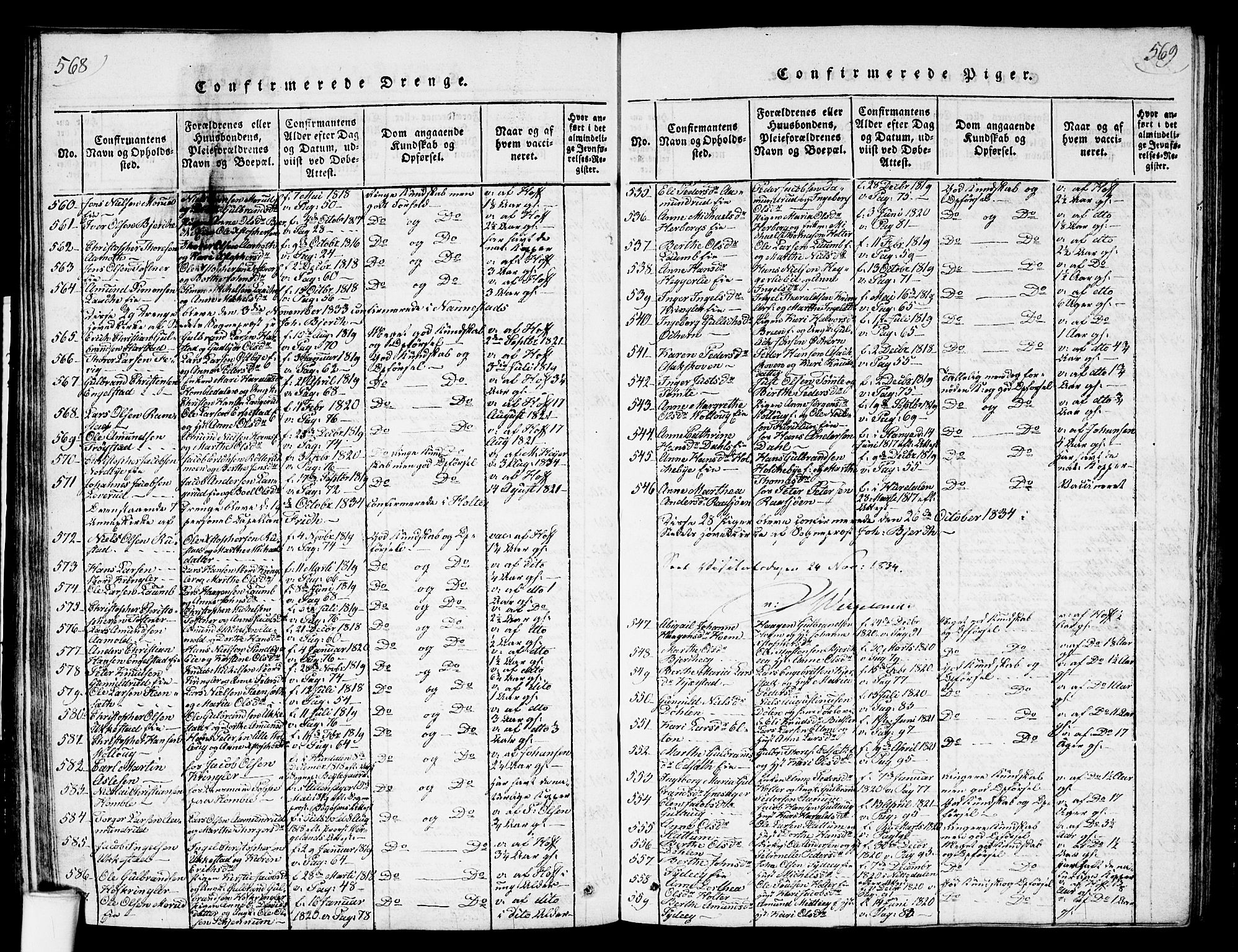 Nannestad prestekontor Kirkebøker, AV/SAO-A-10414a/G/Ga/L0001: Parish register (copy) no. I 1, 1815-1839, p. 568-569