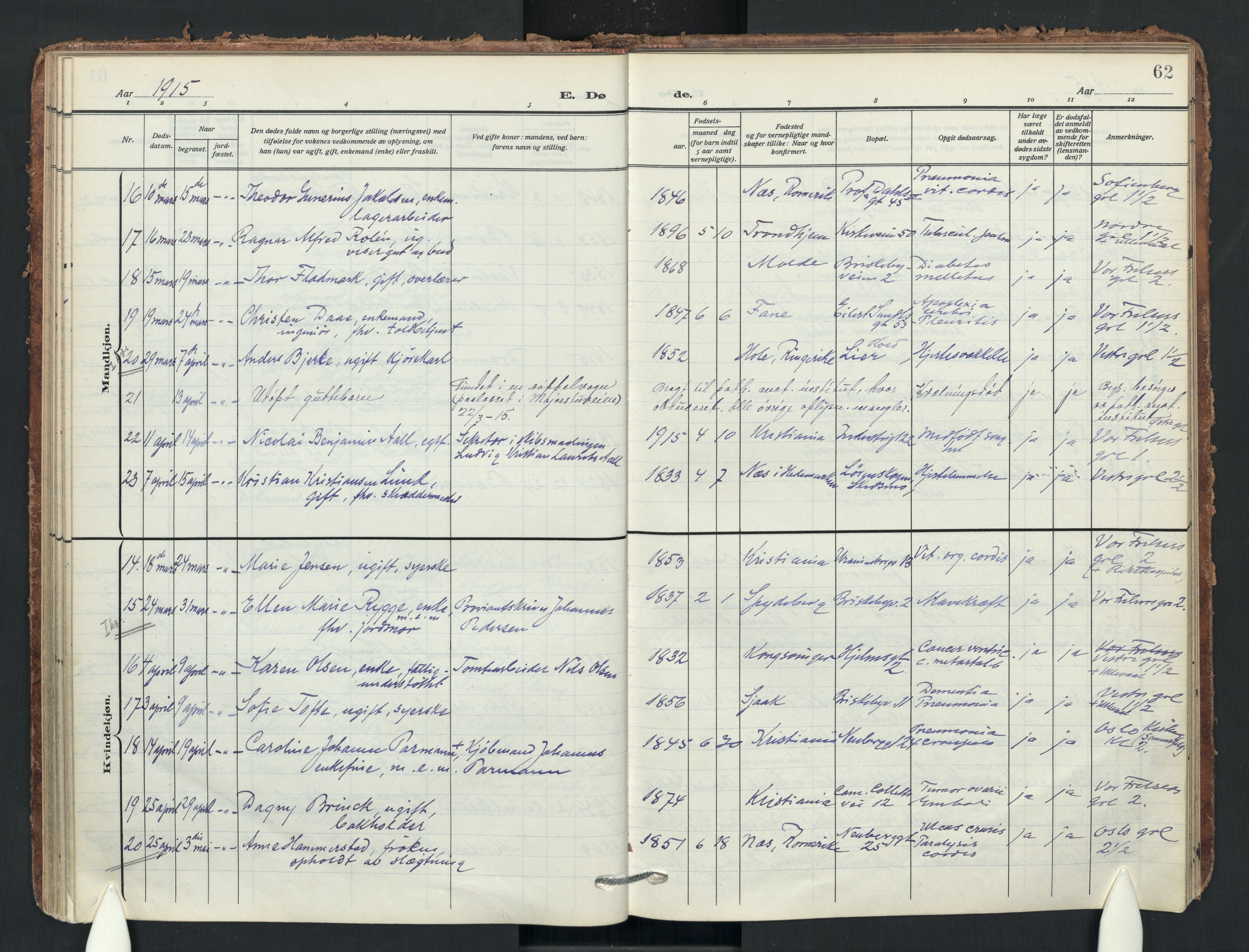 Uranienborg prestekontor Kirkebøker, SAO/A-10877/F/Fa/L0011: Parish register (official) no. 11, 1909-1926, p. 62