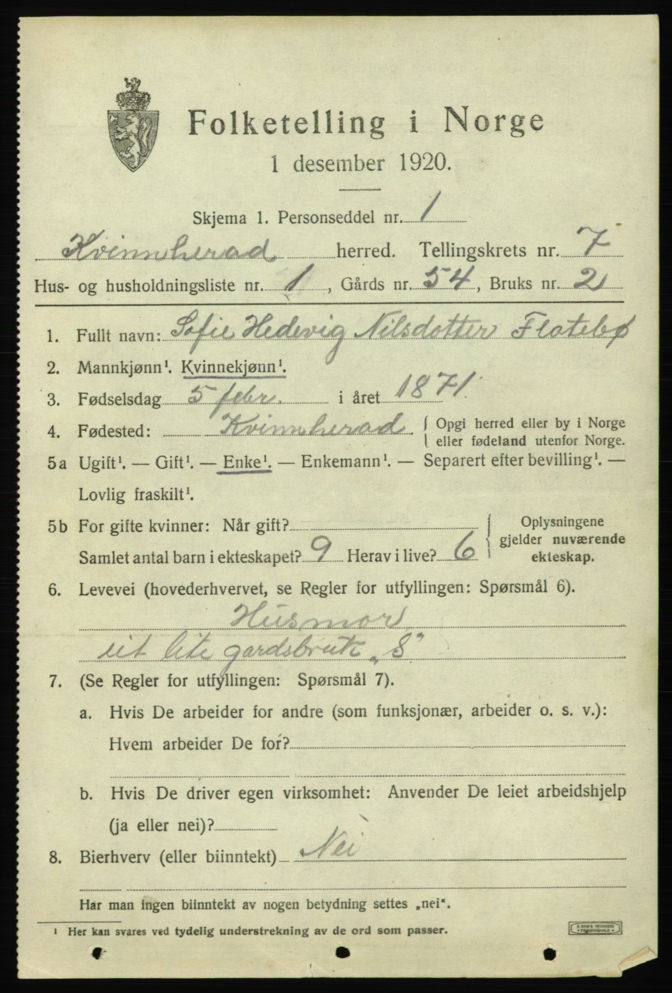 SAB, 1920 census for Kvinnherad, 1920, p. 6398