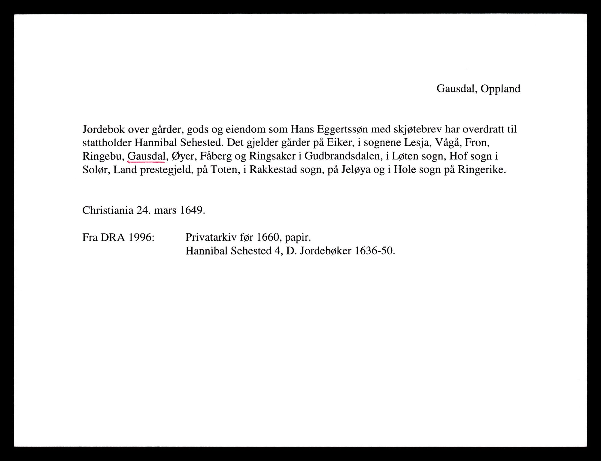 Riksarkivets diplomsamling, AV/RA-EA-5965/F35/F35e/L0010: Registreringssedler Oppland 2, 1400-1700, p. 395