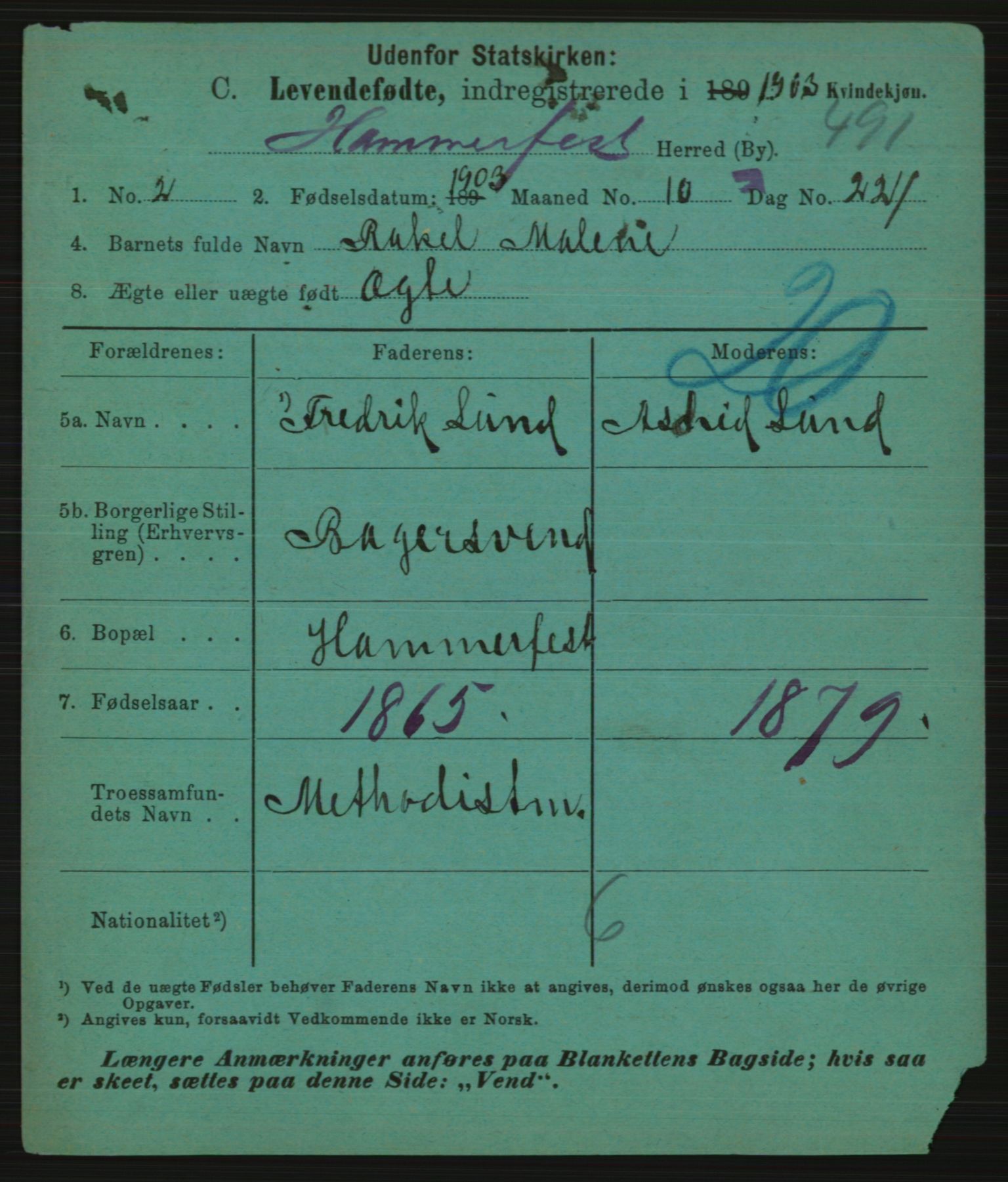 Statistisk sentralbyrå, Sosiodemografiske emner, Befolkning, AV/RA-S-2228/E/L0001: Fødte, gifte, døde dissentere., 1903, p. 1801