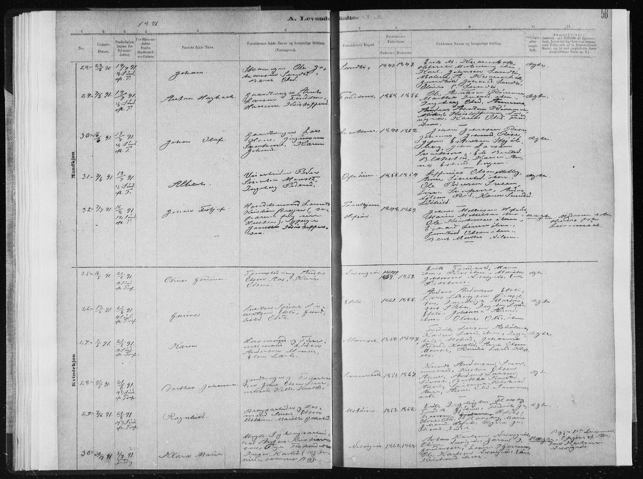 Ministerialprotokoller, klokkerbøker og fødselsregistre - Sør-Trøndelag, AV/SAT-A-1456/668/L0818: Parish register (copy) no. 668C07, 1885-1898, p. 58