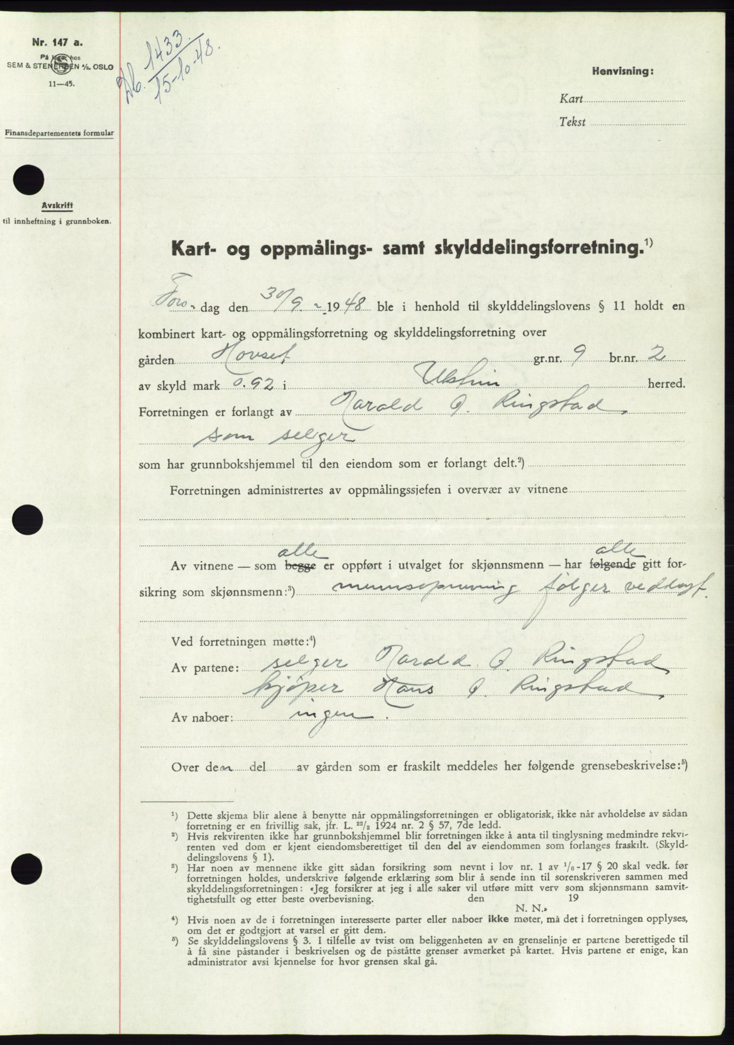 Søre Sunnmøre sorenskriveri, AV/SAT-A-4122/1/2/2C/L0083: Mortgage book no. 9A, 1948-1949, Diary no: : 1433/1948