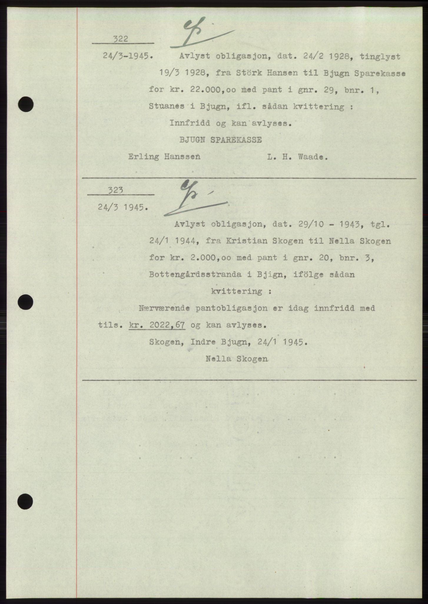 Fosen sorenskriveri, AV/SAT-A-1107/1/2/2C: Mortgage book no. B1, 1943-1946, Diary no: : 322/1945