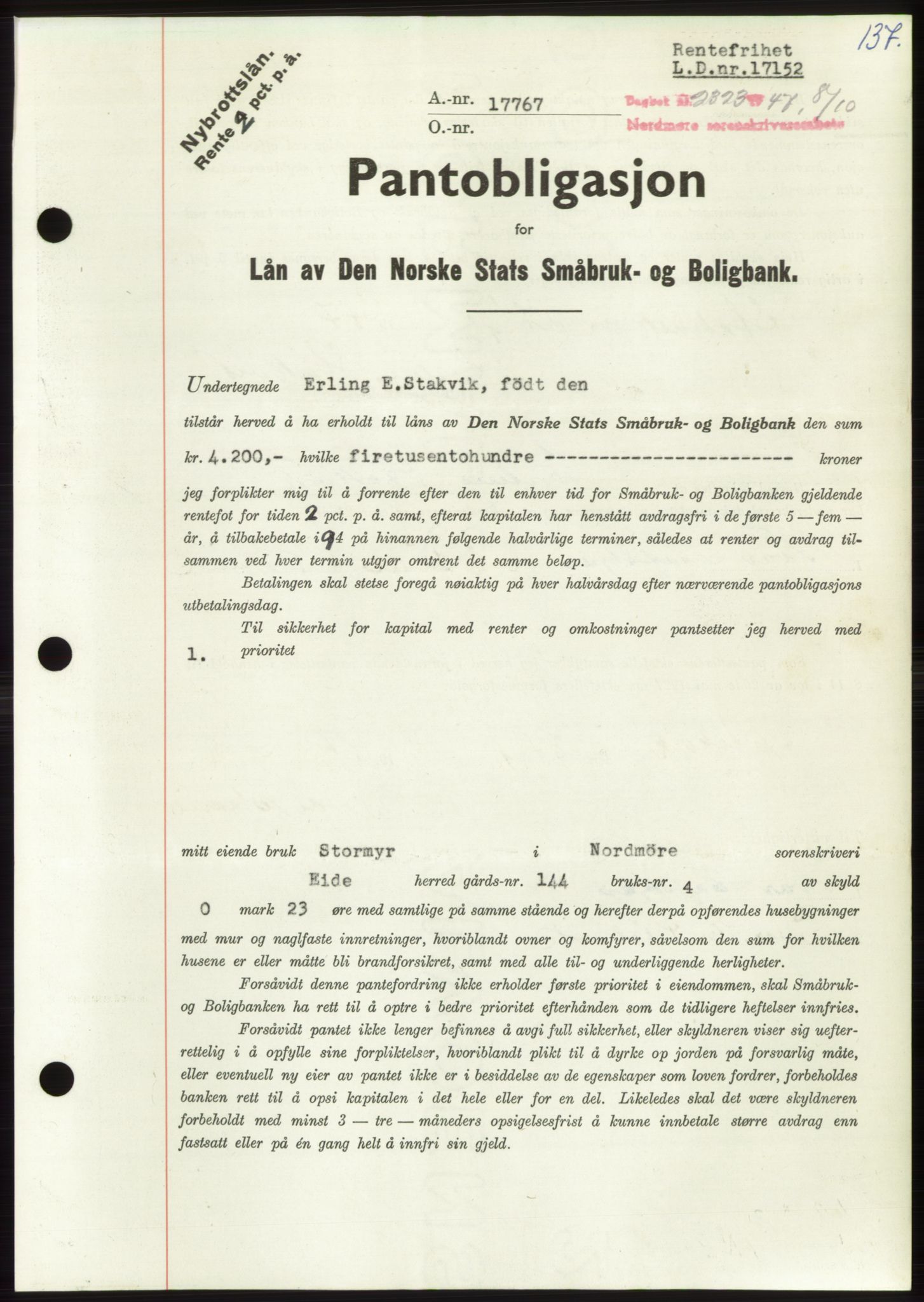 Nordmøre sorenskriveri, AV/SAT-A-4132/1/2/2Ca: Mortgage book no. B97, 1947-1948, Diary no: : 2323/1947