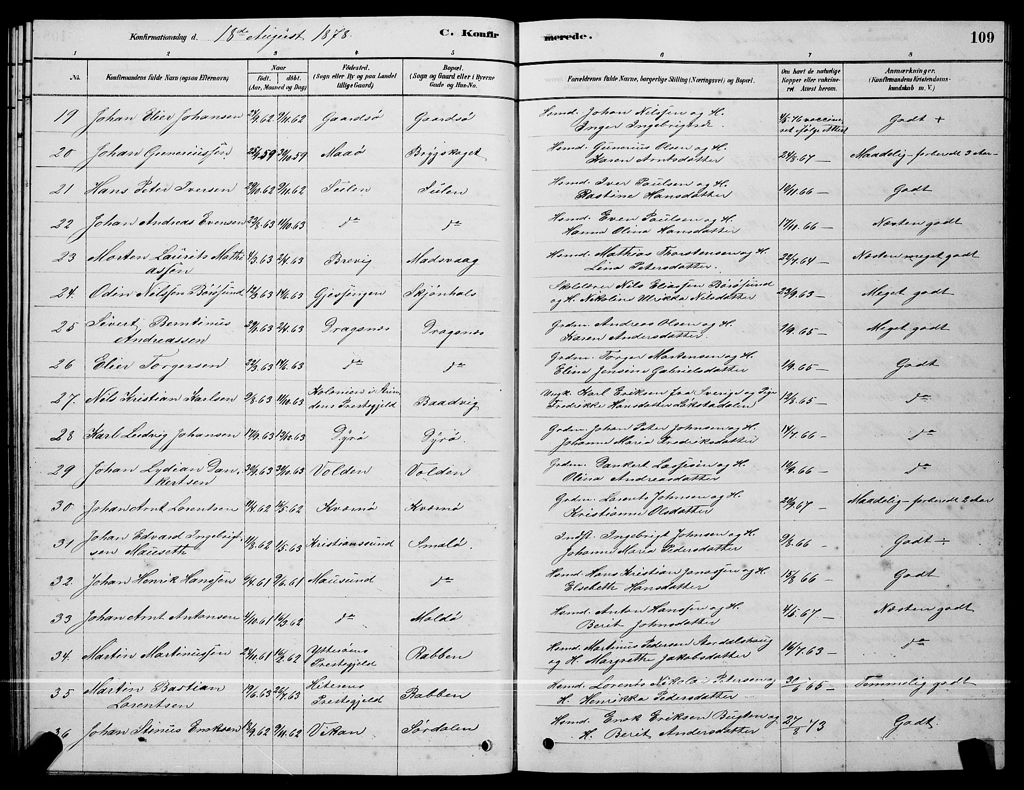 Ministerialprotokoller, klokkerbøker og fødselsregistre - Sør-Trøndelag, AV/SAT-A-1456/640/L0585: Parish register (copy) no. 640C03, 1878-1891, p. 109