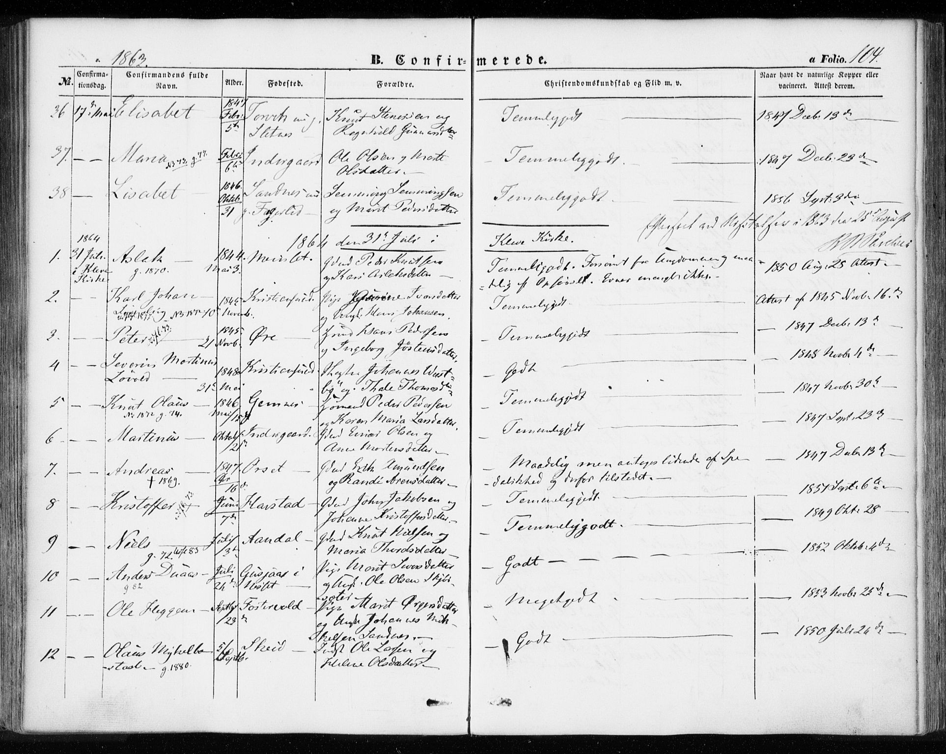 Ministerialprotokoller, klokkerbøker og fødselsregistre - Møre og Romsdal, SAT/A-1454/584/L0965: Parish register (official) no. 584A05, 1857-1868, p. 104