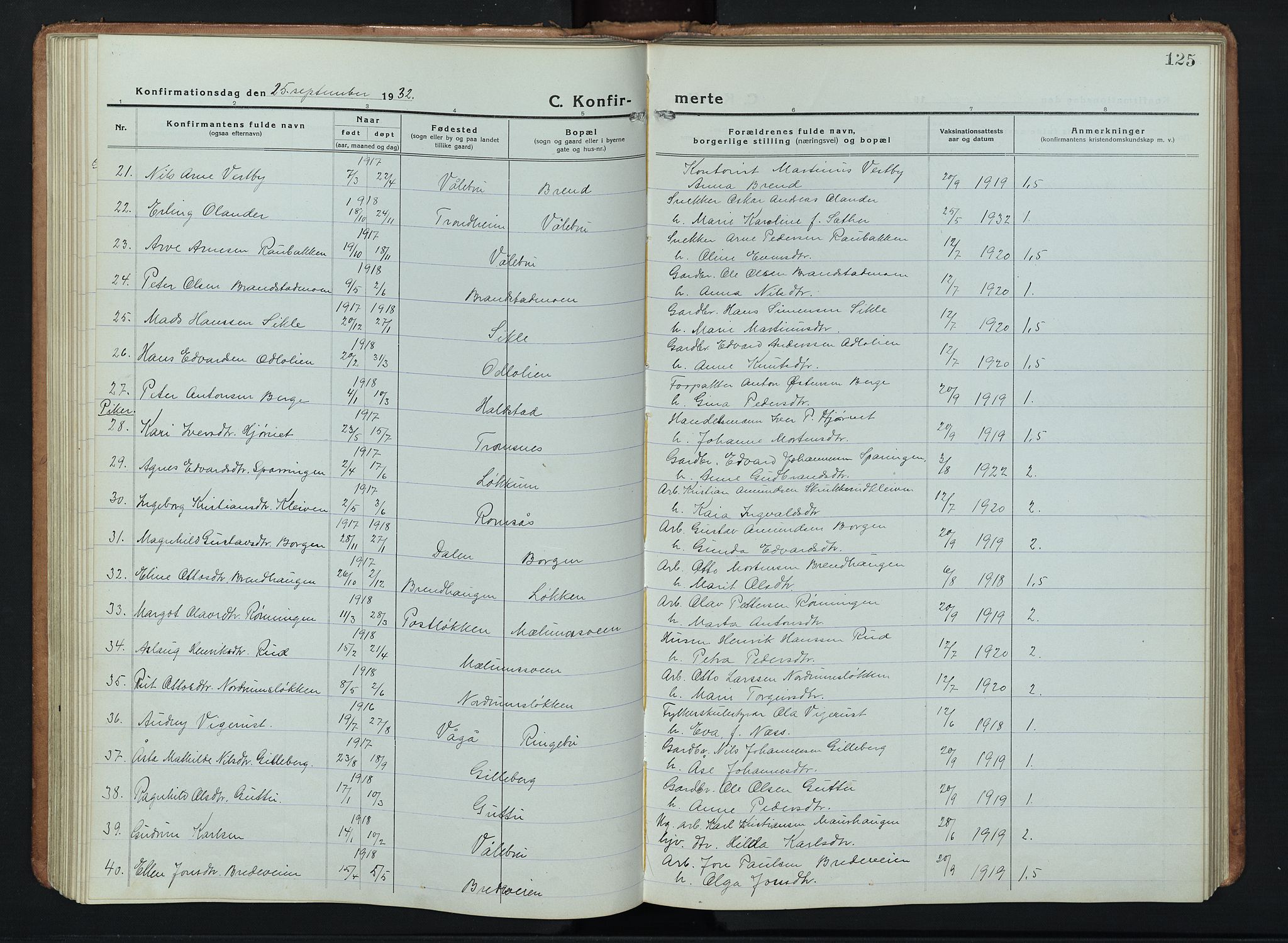 Ringebu prestekontor, AV/SAH-PREST-082/H/Ha/Hab/L0011: Parish register (copy) no. 11, 1921-1943, p. 125