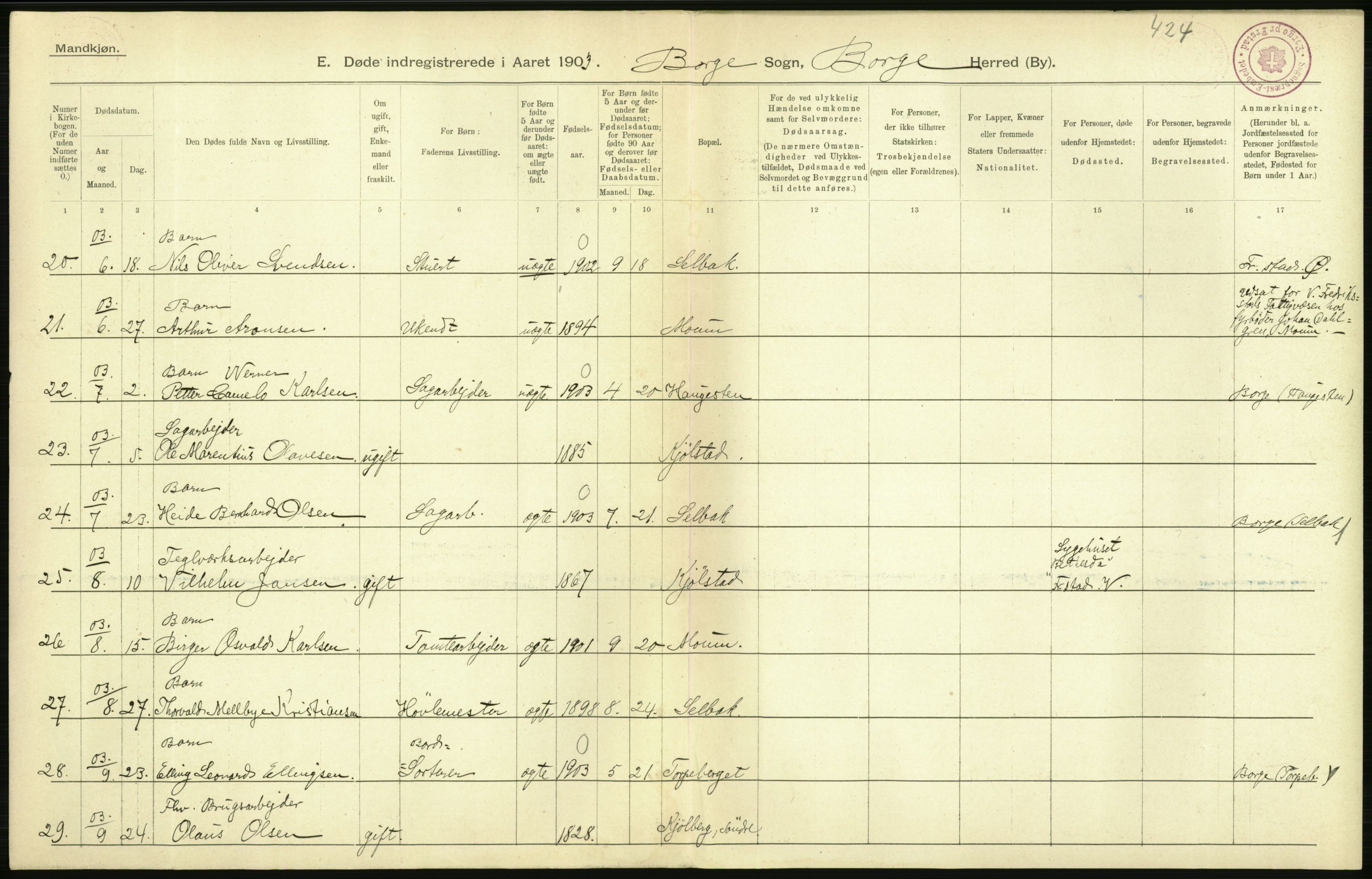 Statistisk sentralbyrå, Sosiodemografiske emner, Befolkning, AV/RA-S-2228/D/Df/Dfa/Dfaa/L0001: Smålenenes amt: Fødte, gifte, døde, 1903, p. 646