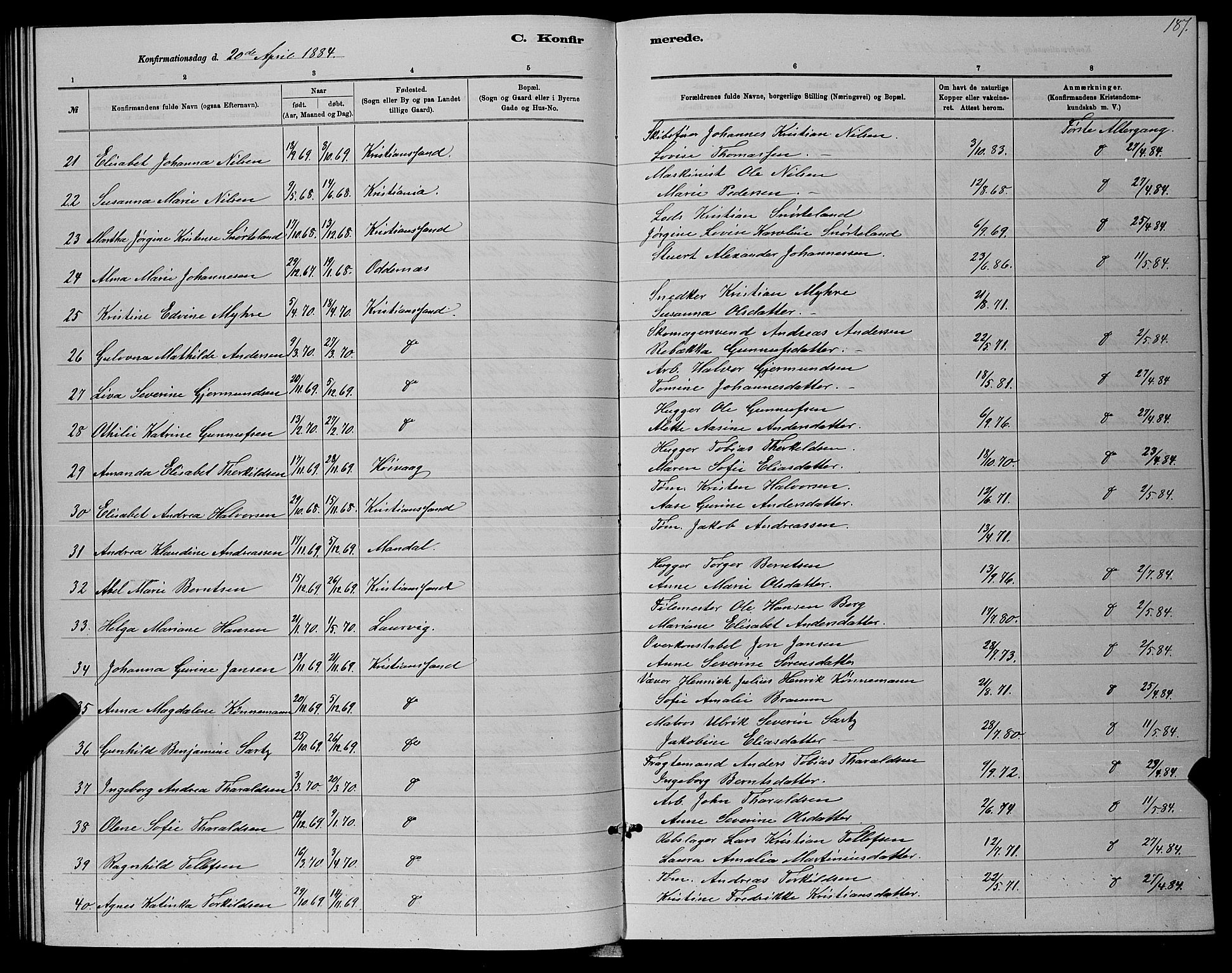 Kristiansand domprosti, AV/SAK-1112-0006/F/Fb/L0016: Parish register (copy) no. B 16, 1881-1893, p. 187