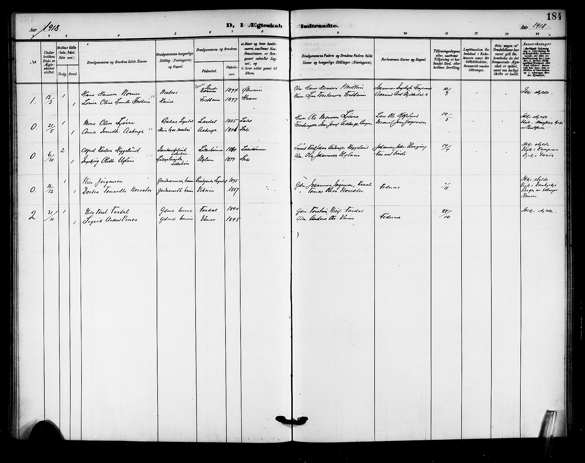 Sogndal sokneprestembete, SAB/A-81301/H/Hab/Haba/L0002: Parish register (copy) no. A 2, 1908-1924, p. 184