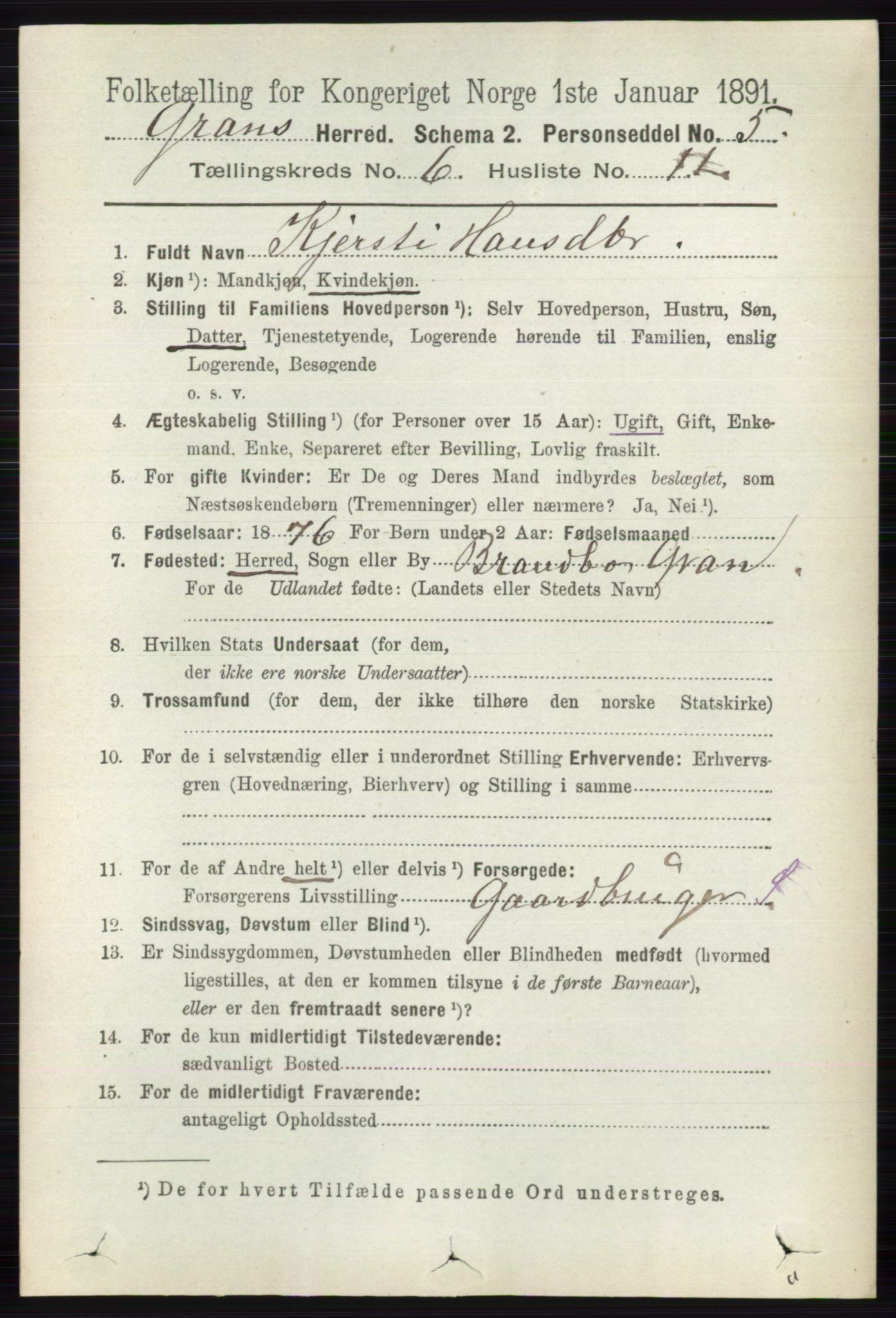 RA, 1891 census for 0534 Gran, 1891, p. 2293