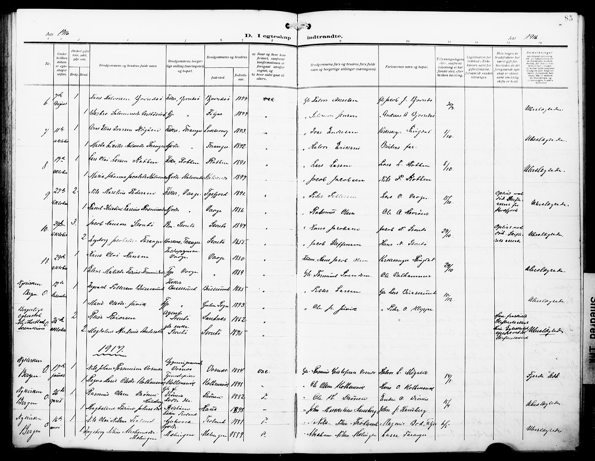 Austevoll Sokneprestembete, SAB/A-74201/H/Hab: Parish register (copy) no. A 5, 1913-1925, p. 85