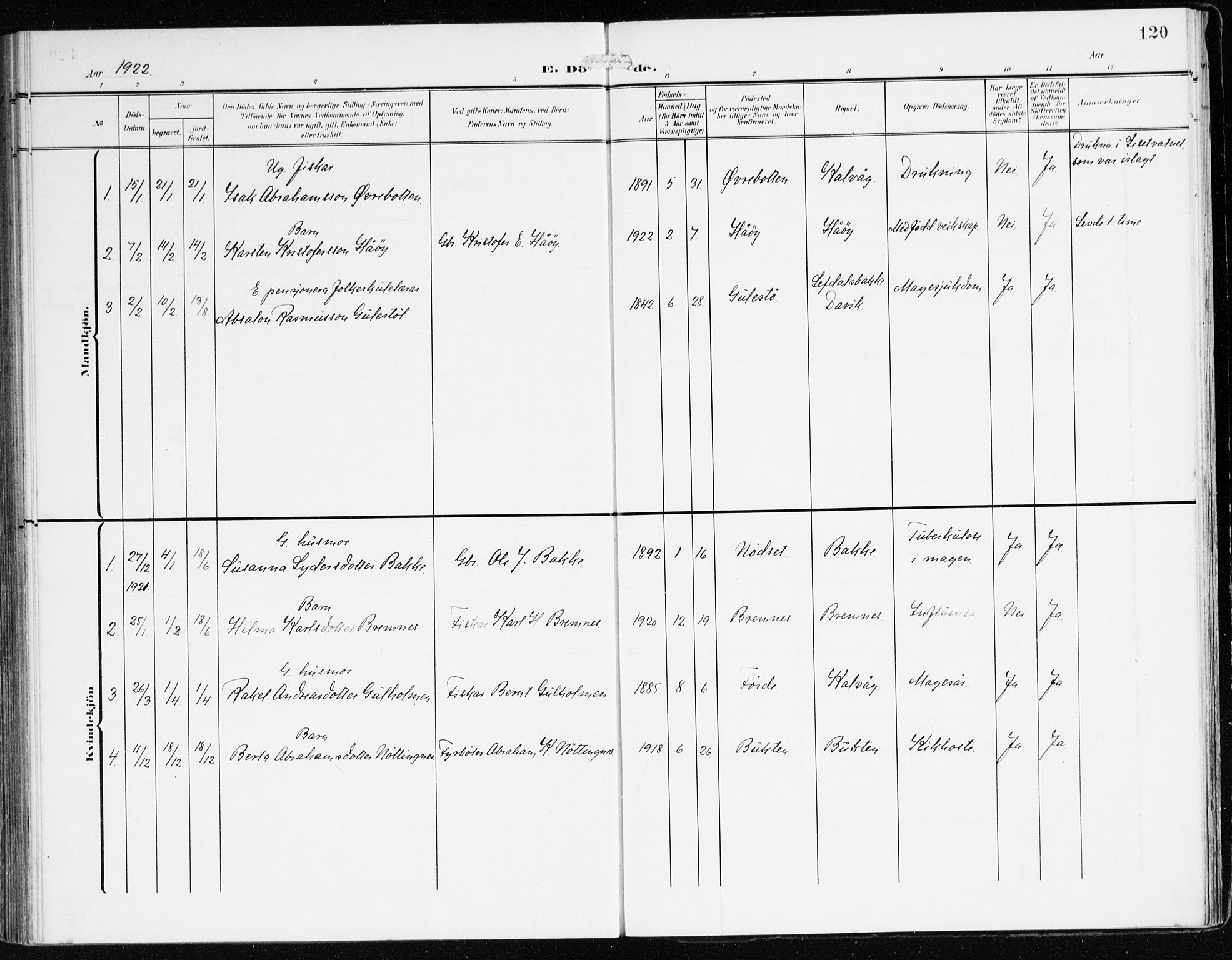 Bremanger sokneprestembete, SAB/A-82201/H/Haa/Haab/L0003: Parish register (official) no. B 3, 1908-1925, p. 120