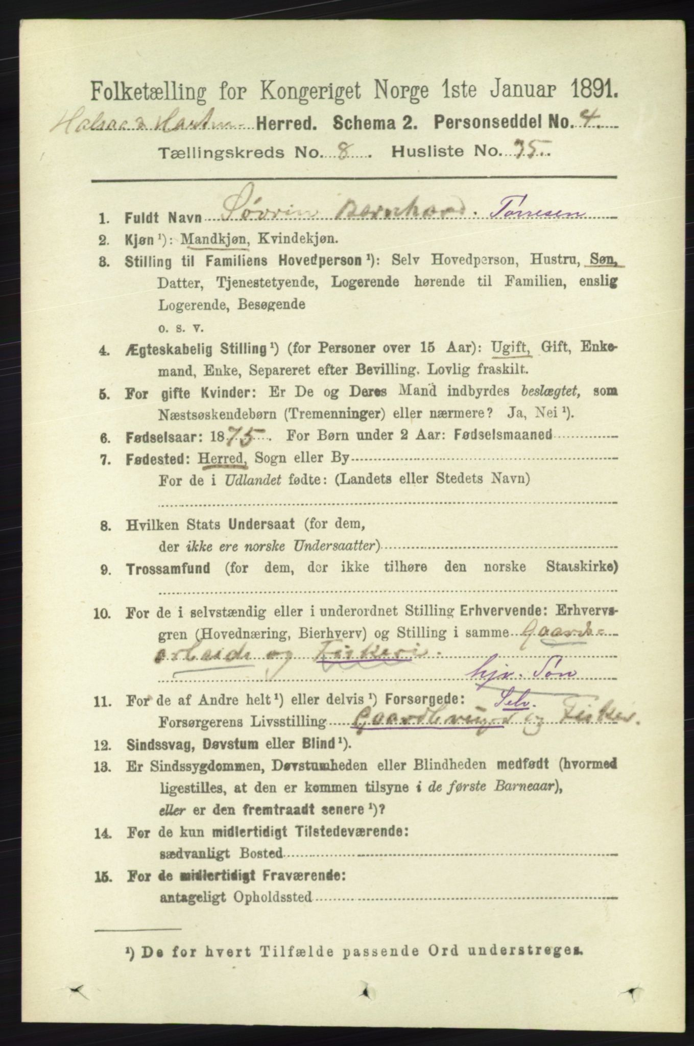 RA, 1891 census for 1019 Halse og Harkmark, 1891, p. 3435