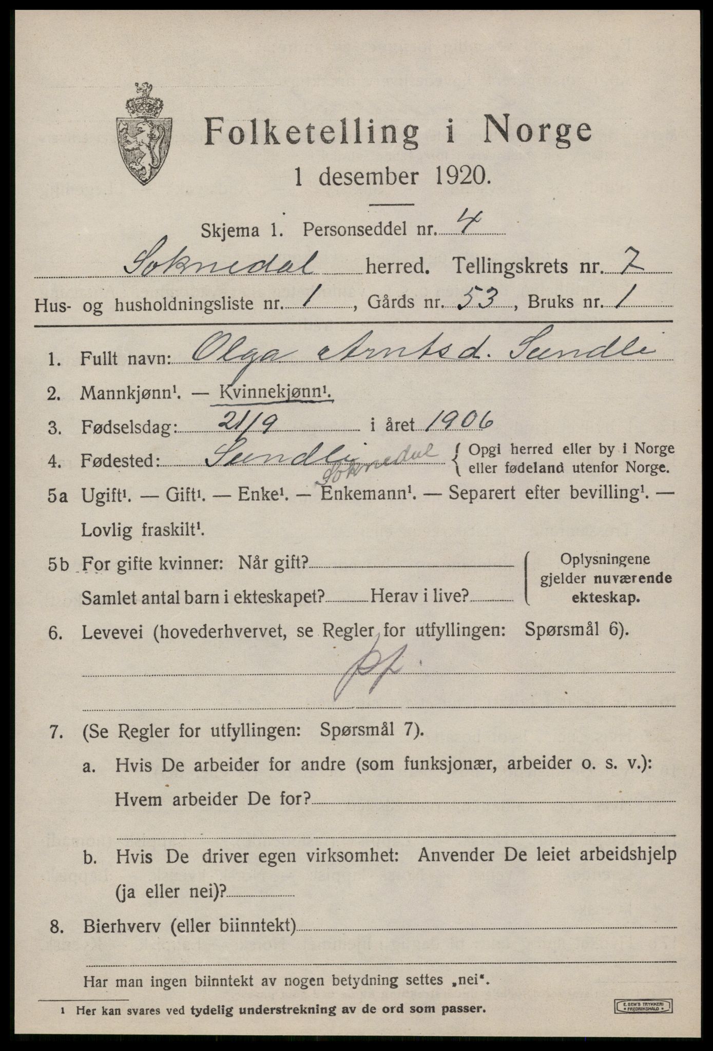 SAT, 1920 census for Soknedal, 1920, p. 3452