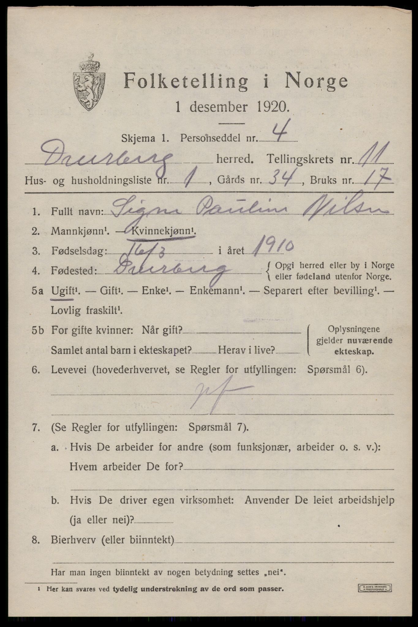 SAT, 1920 census for Dverberg, 1920, p. 8780