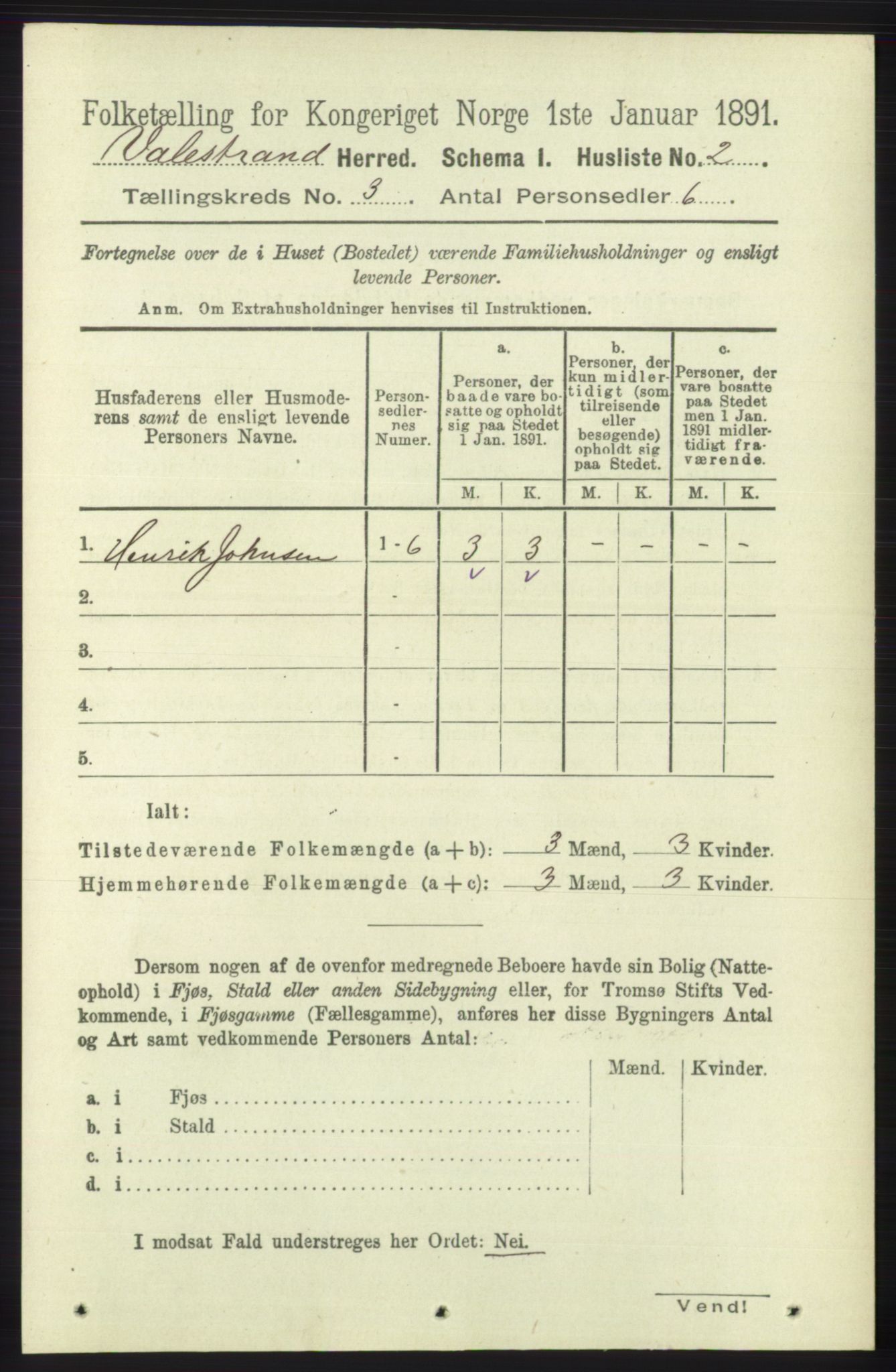 RA, 1891 census for 1217 Valestrand, 1891, p. 491